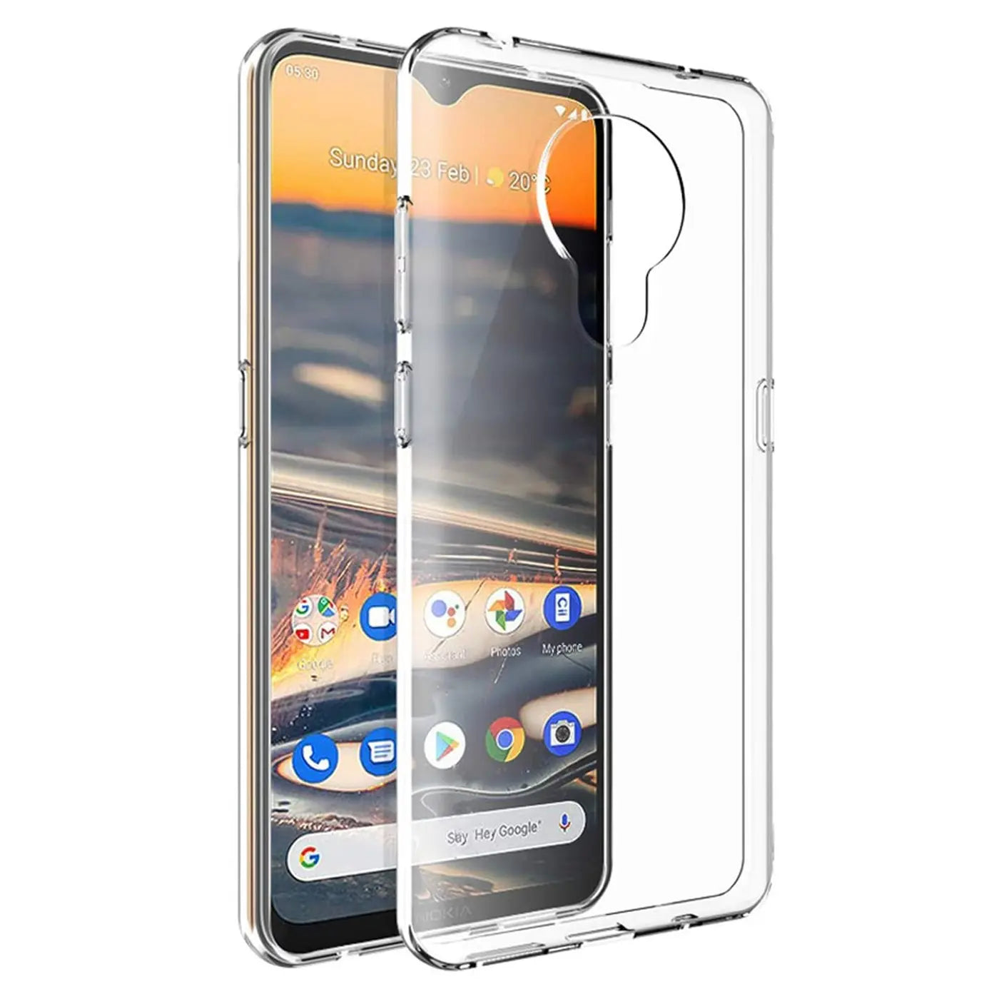 Klares Slim Case aus Kunststoff, seitliche Ansicht, zeigt Nokia 5.3 Smartphone.