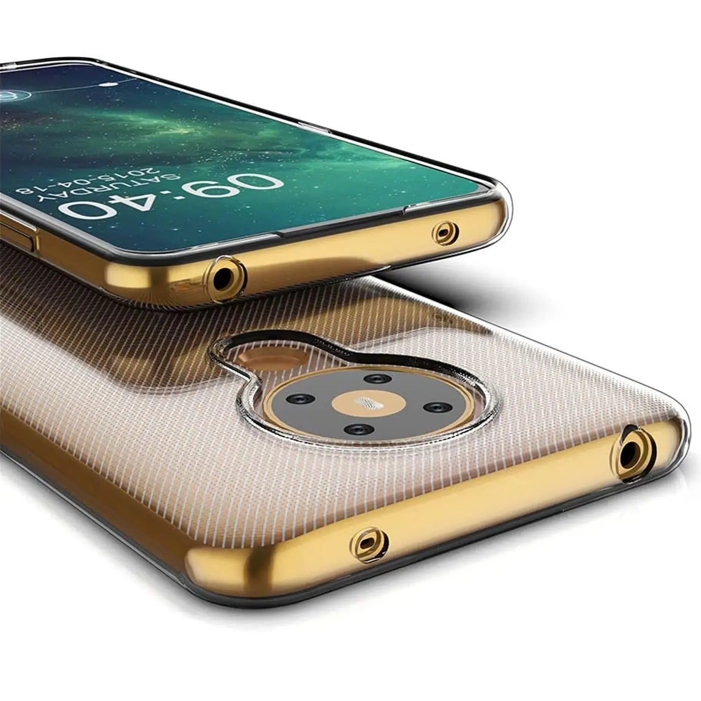 Goldfarbenes, transparentes Slim Case aus Kunststoff mit Muster, Nahaufnahme, Nokia 5.3.