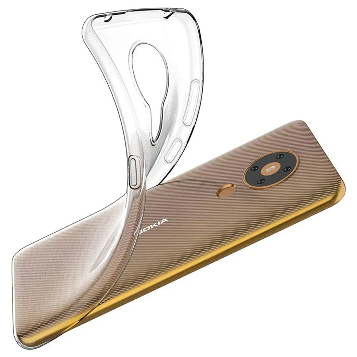 Klares, flexibles Handyhülle aus Silikon, die über ein goldenes Nokia 5.3 gelegt wird.