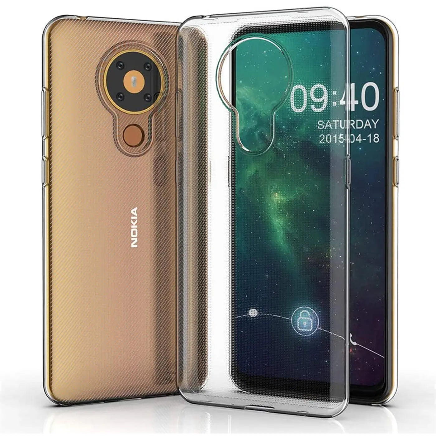 Goldfarbenes Nokia 5.3 mit transparentem Slim Case, Rückseite und Vorderseite sichtbar, aus Kunststoff.