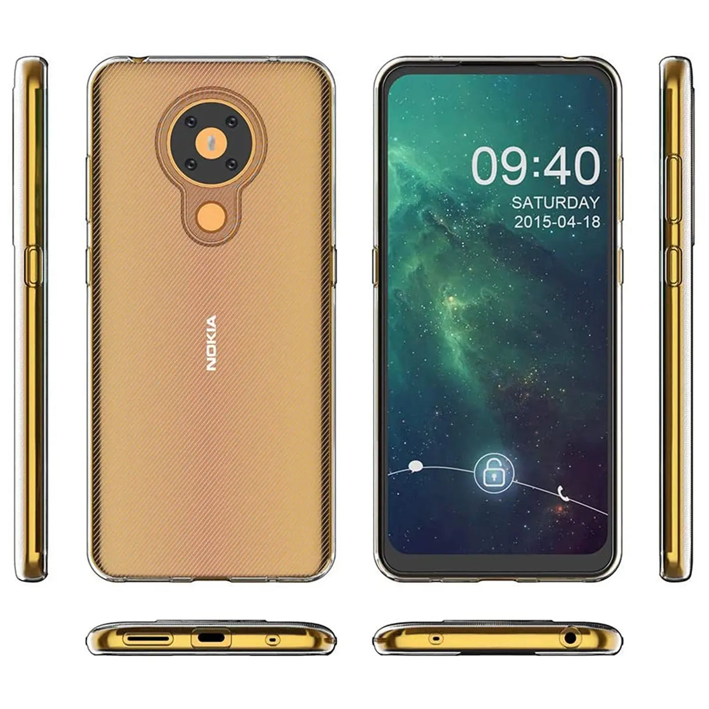 Nokia 5.3 in transparent gold case, front, back and side views.