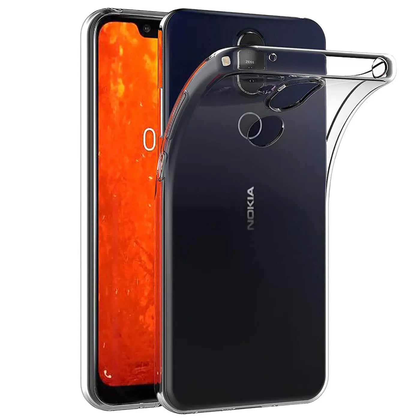 Klares Silikoncase auf schwarzem Nokia 8.1, von schräg hinten.