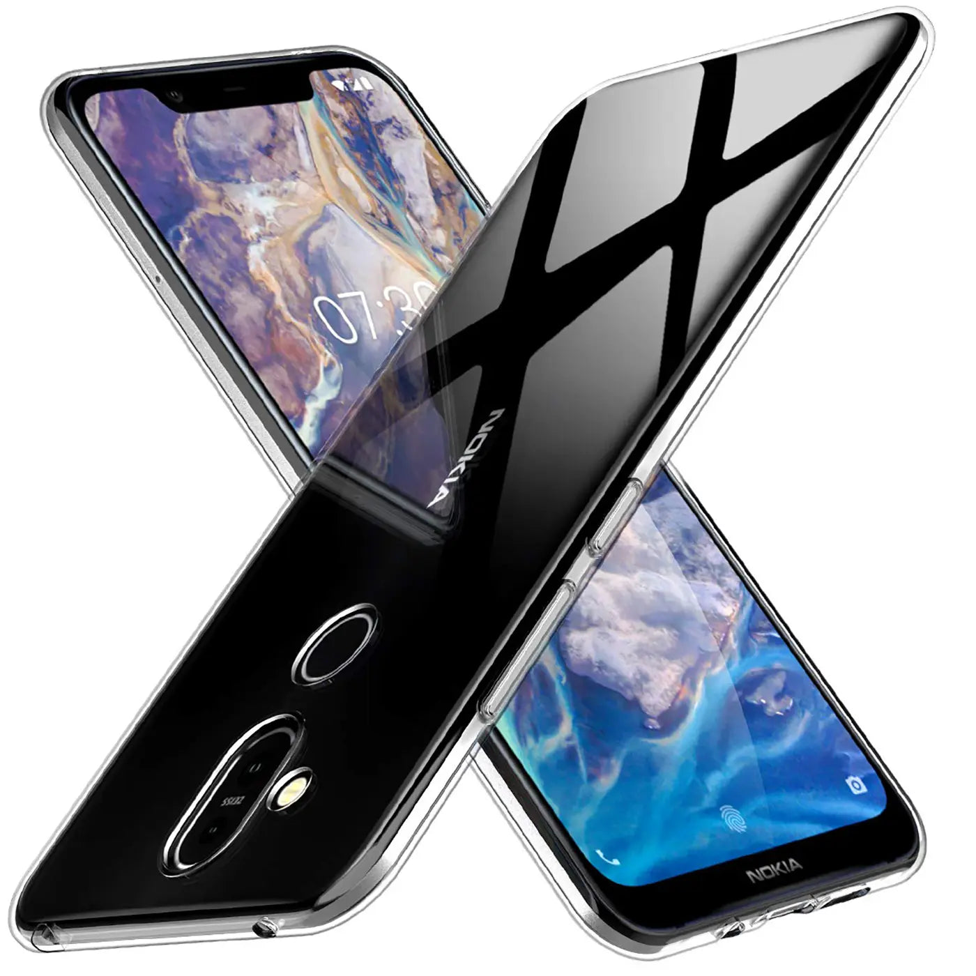 Klares, schlankes Handy-Case aus Kunststoff, das ein Nokia 8.1 zeigt. Draufsicht.