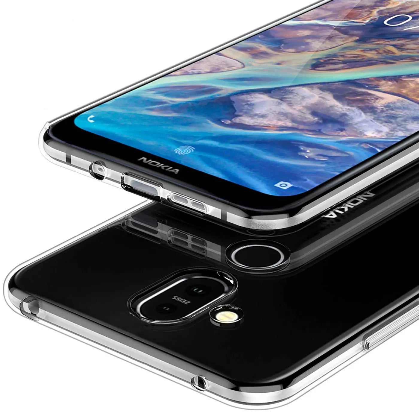 Klares Silikon-Case mit Nokia 8.1, von oben und hinten gezeigt, Nahaufnahme.