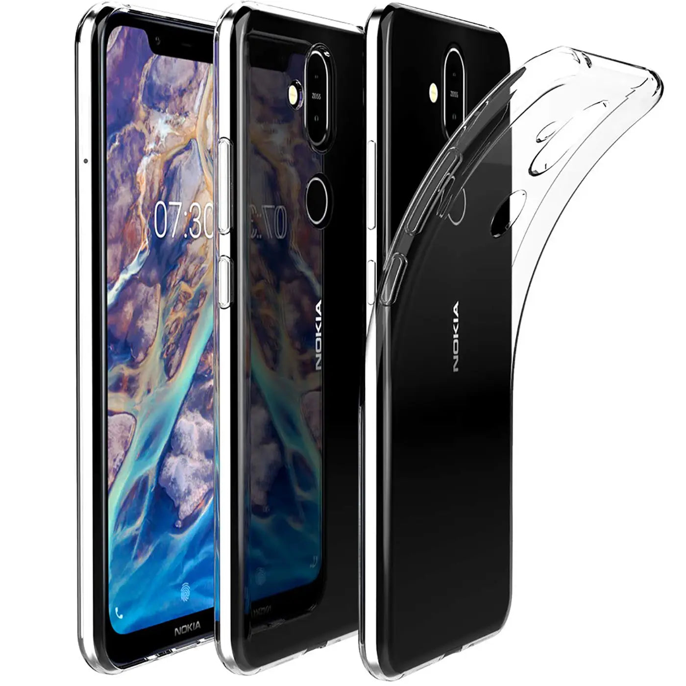 Drei Nokia 8.1 Smartphones, zwei mit Hülle, eine Hülle transparent, aus Silikon.