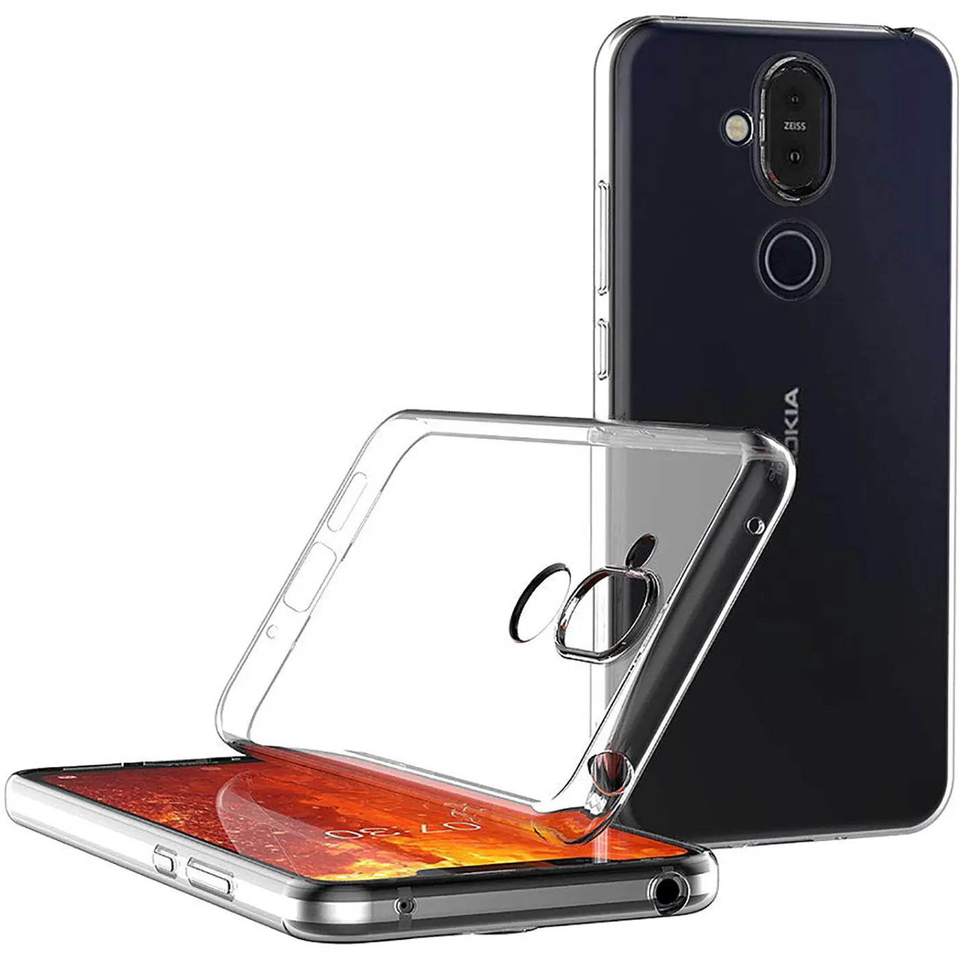 Klar, durchsichtiges Silikon-Case, seitliche Ansicht, auf Nokia 8.1 liegend.