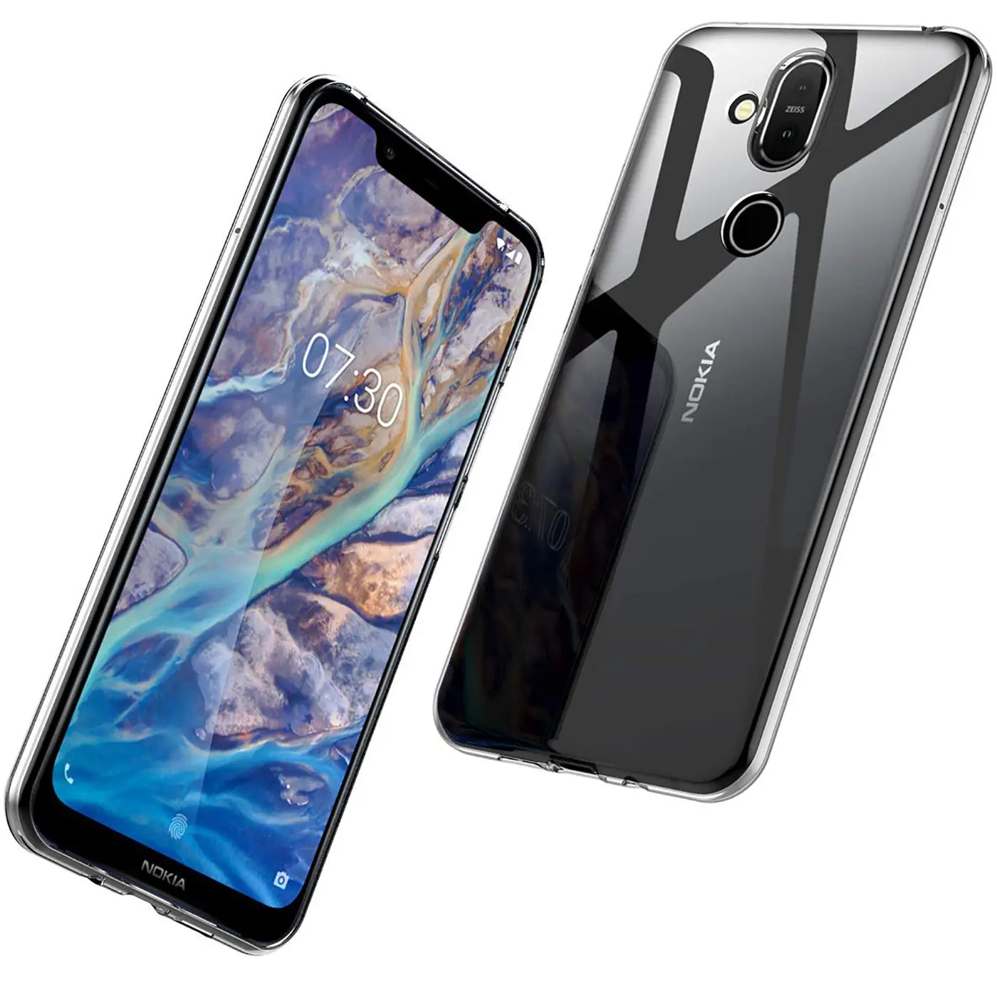 Klares Slim Case aus Kunststoff auf einem Nokia 8.1 Smartphone, von vorne und hinten gezeigt.