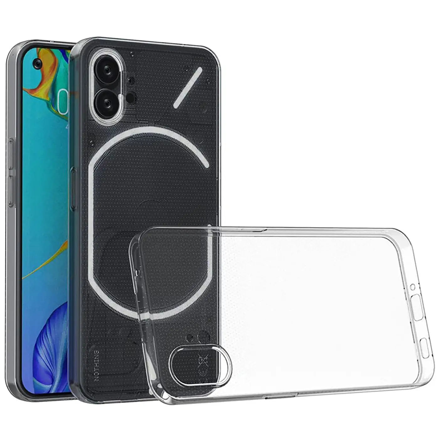 Transparentes Slim Case aus Kunststoff für Nothing Phone 1, von vorne/oben gezeigt.