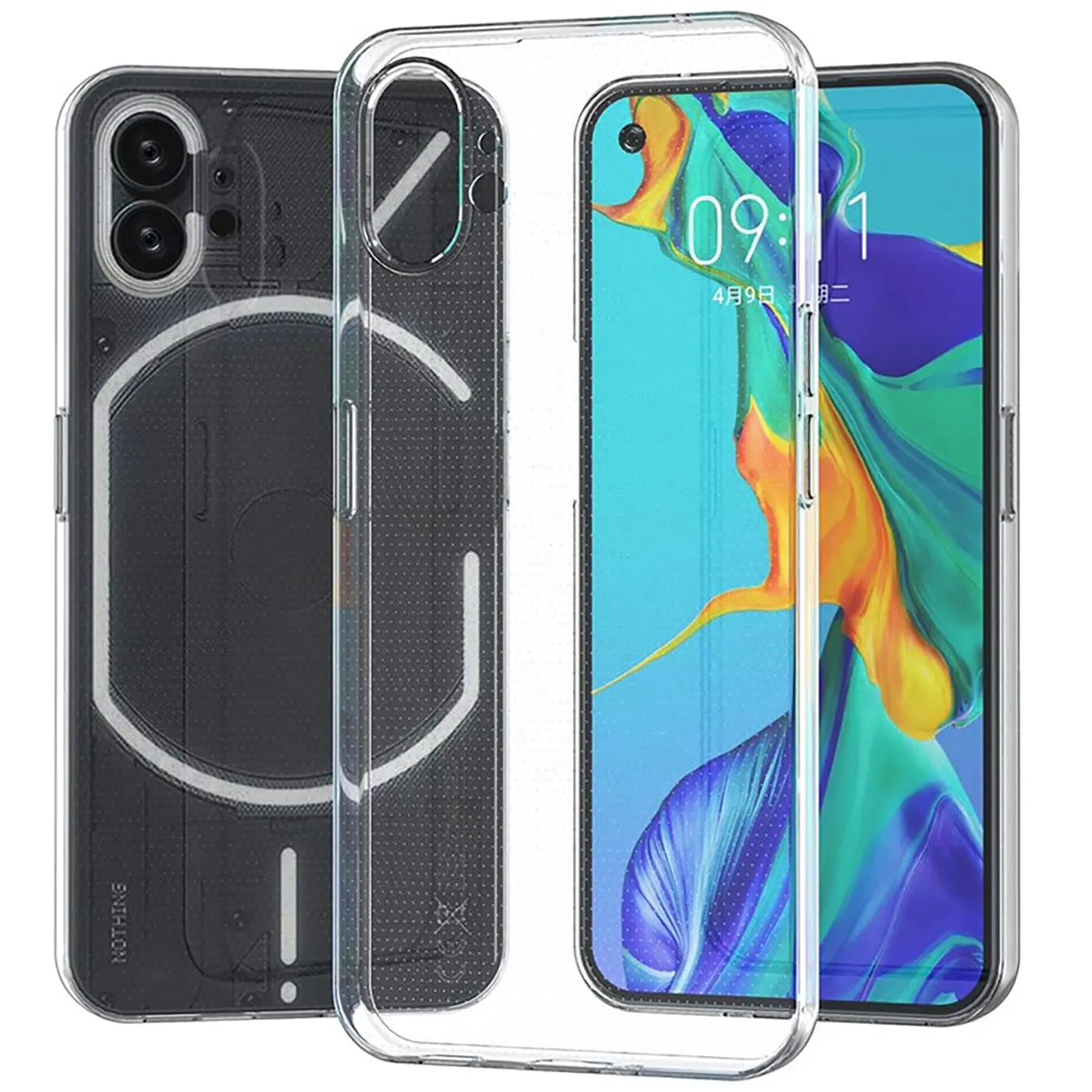 Transparente Hülle aus Kunststoff für Nothing Phone 1, von vorne und hinten gezeigt.