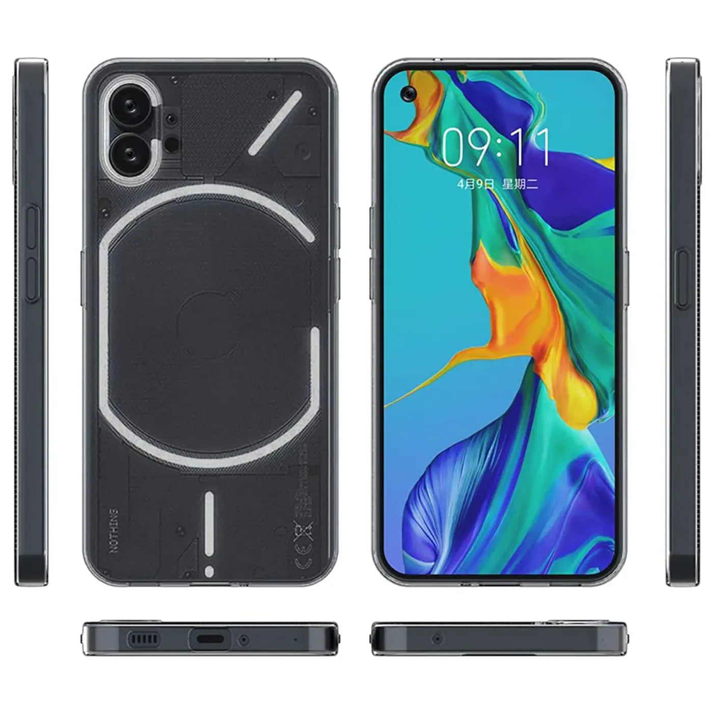 Nothing Phone 1 mit transparentem Case, Rückseite, Vorderseite, Seitenansichten.