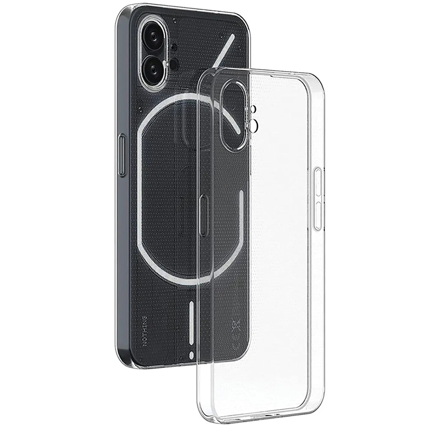 Transparentes Silikon-Case liegt neben einem Nothing Phone 1, Seitenansicht.