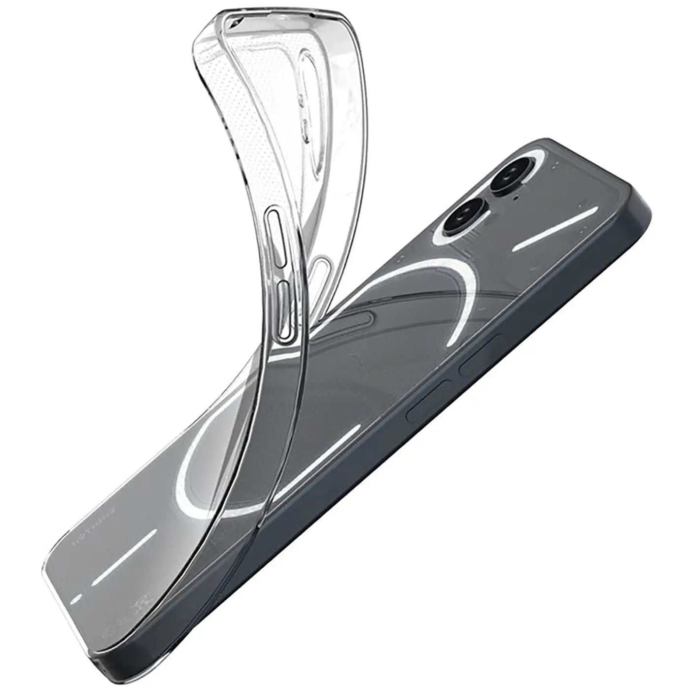 Transparente Silikonhülle wird auf ein Nothing Phone 1 aufgezogen, Seitenansicht.
