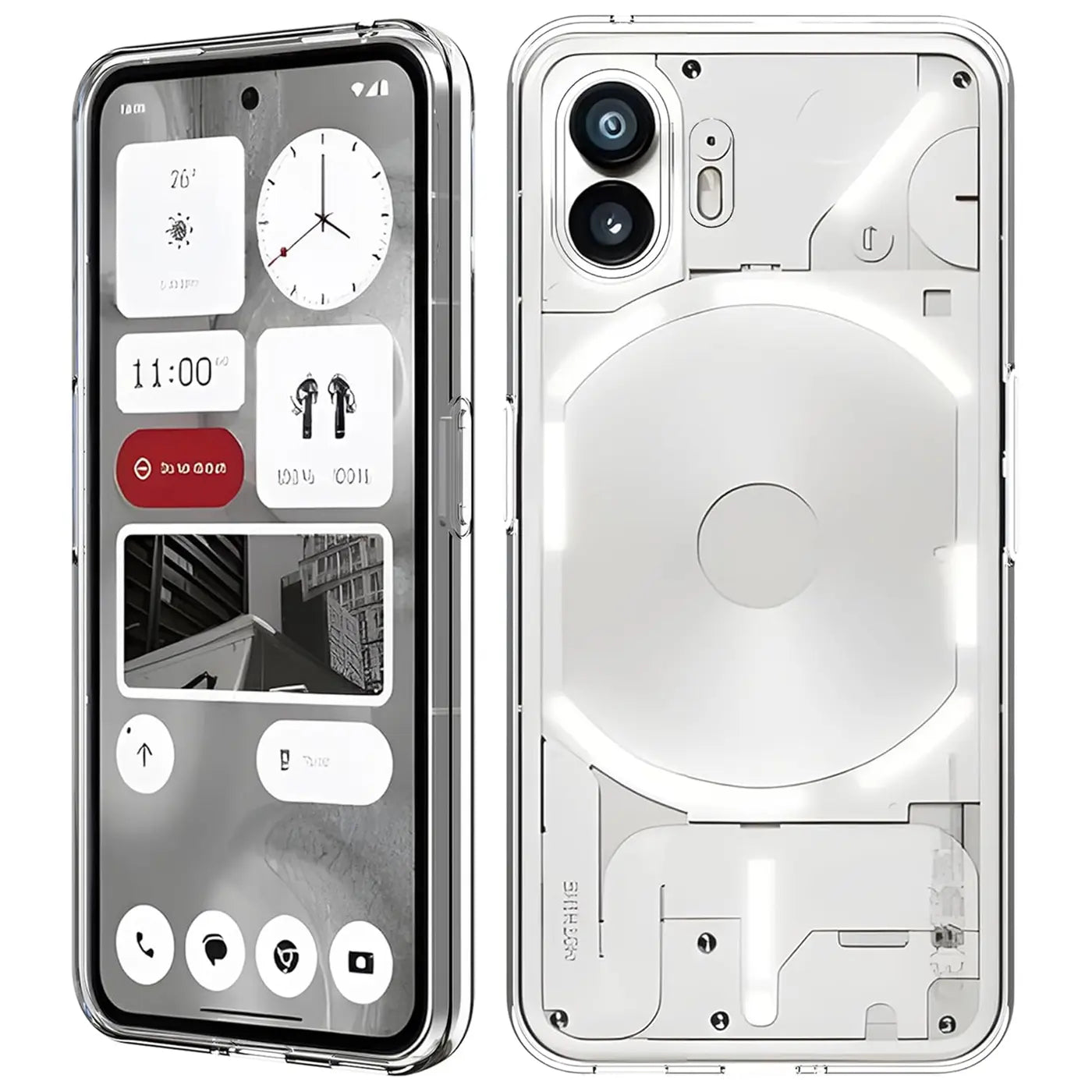 Nothing Phone 2 in klarem, transparentem Case, Vorder- und Rückansicht, aus Kunststoff.