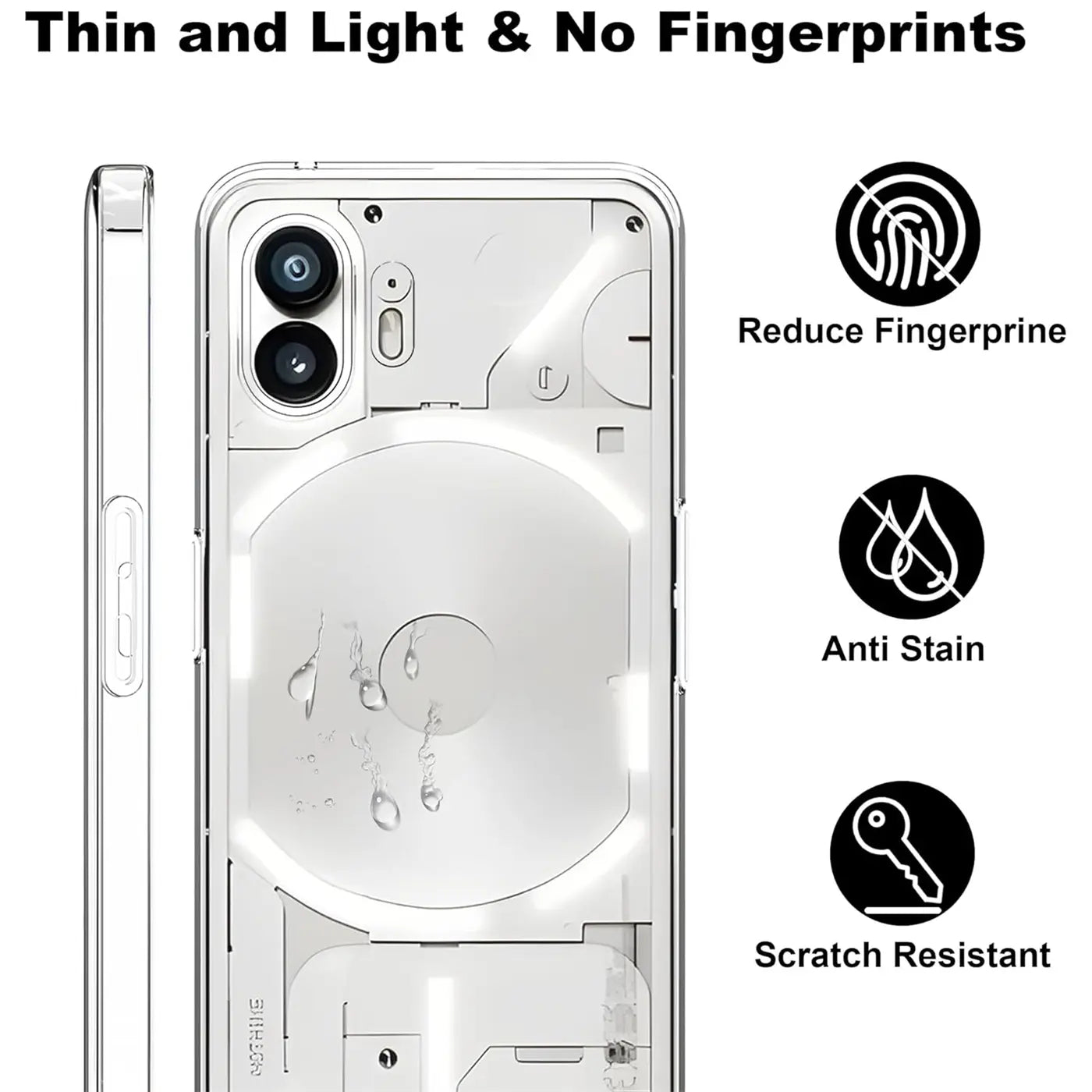 Durchsichtiges, schlankes Case aus Kunststoff, Vorder- und Rückansicht, Nothing Phone 2.