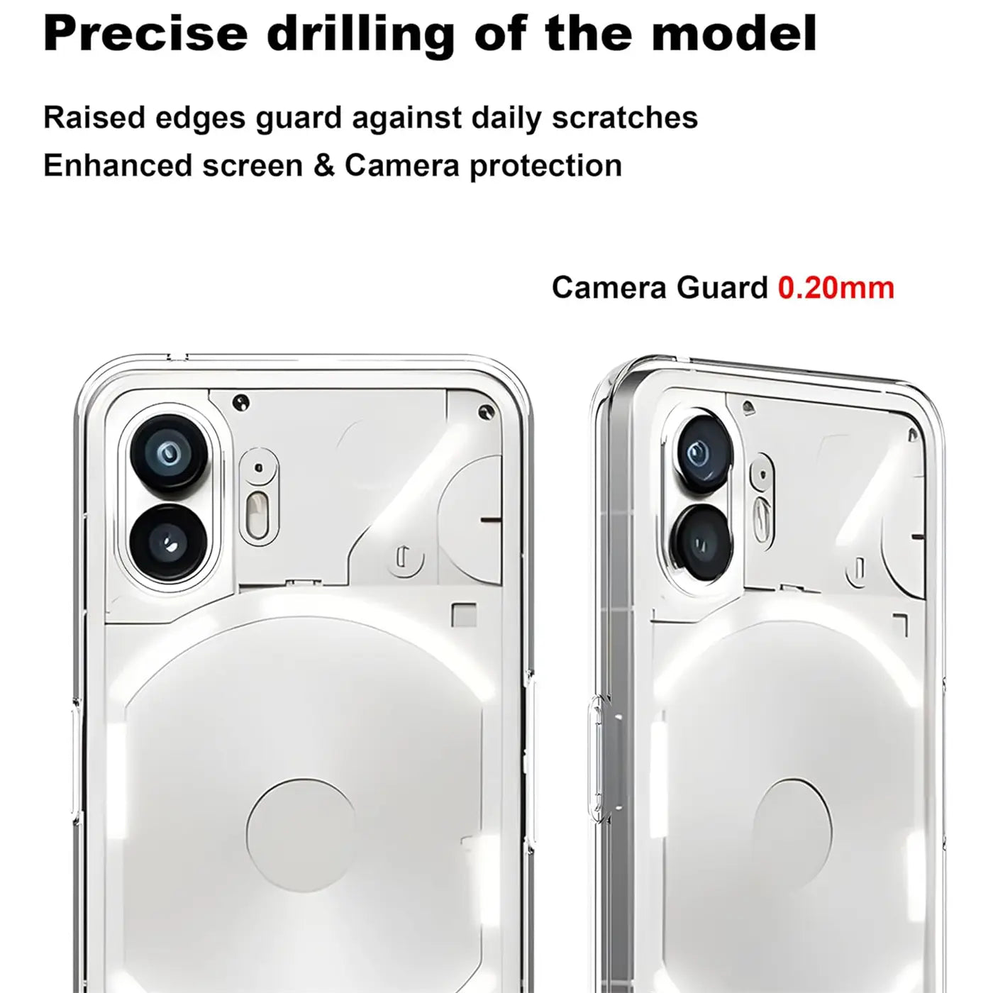 Durchsichtiges, schlankes Case aus Kunststoff, zeigt Rückseite und Seite eines Nothing Phone 2.