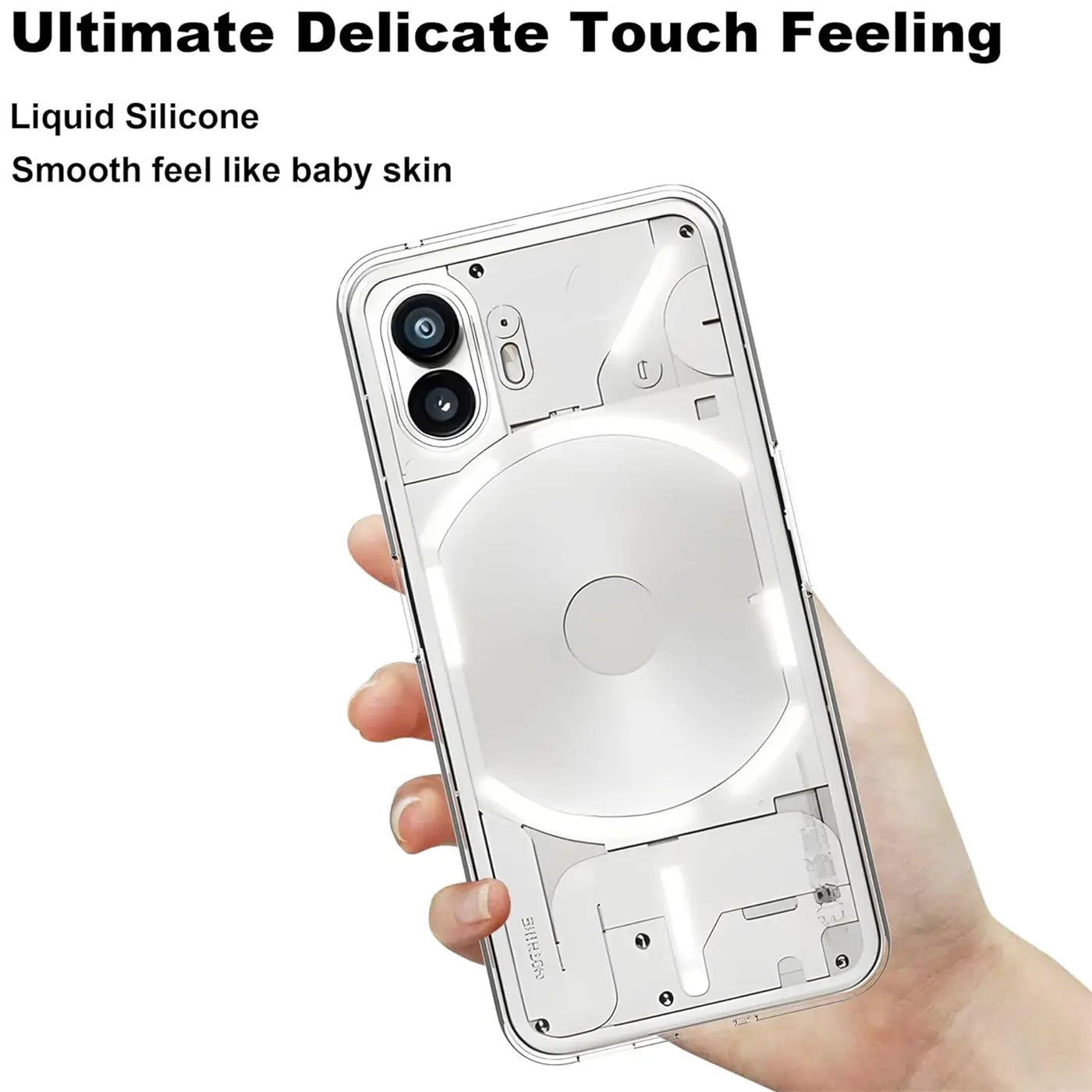 Transparente Silikonhülle für Nothing Phone 2, von vorne links gehalten.