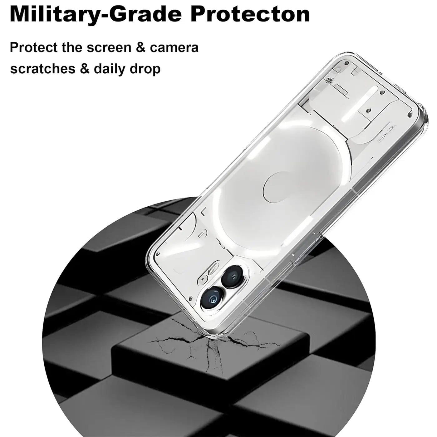 Transparentes Slim Case aus Kunststoff auf einem schwarzen Würfelmuster. Nothing Phone 2 erkennbar.