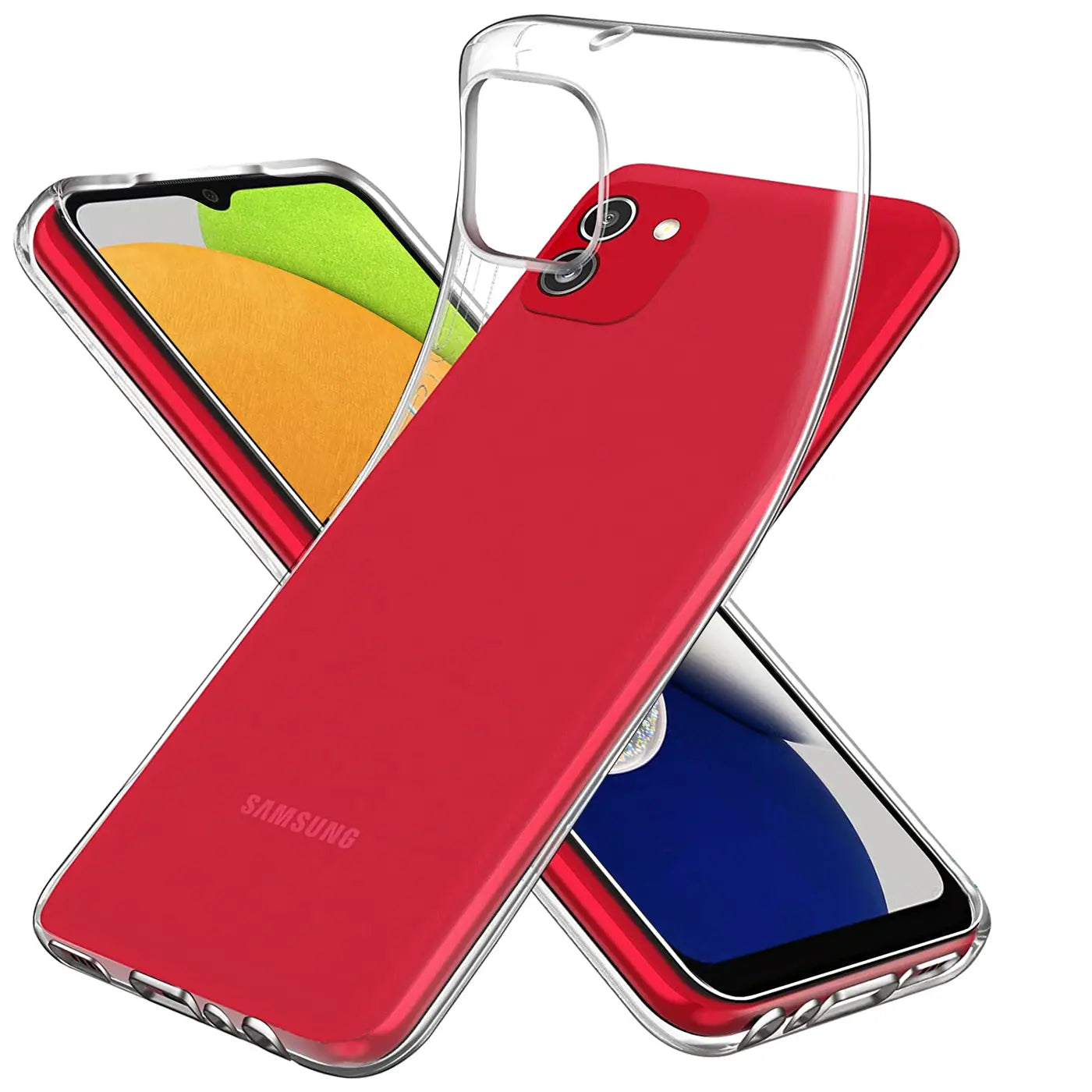 Klares Slim Case aus TPU für ein rotes Samsung Galaxy A03, von schräg oben fotografiert.
