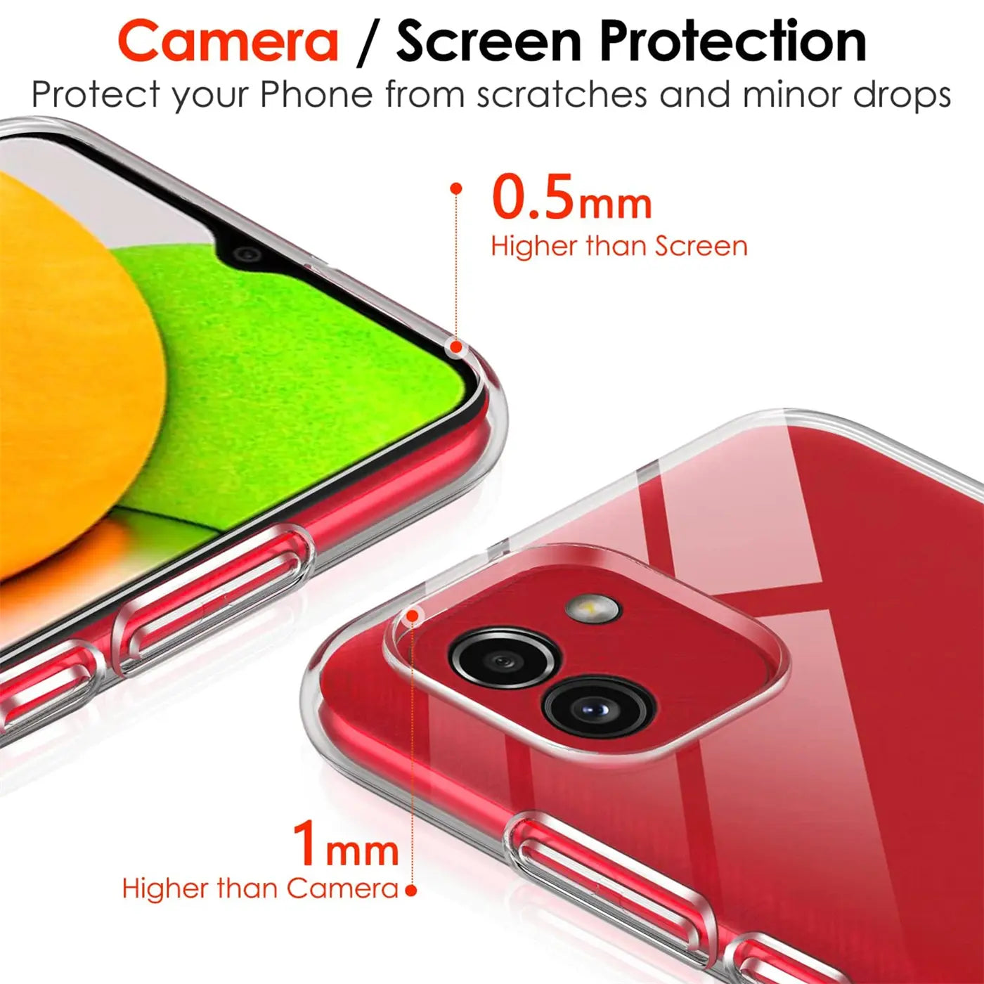 Klares, dünnes Handycase aus Kunststoff, zeigt Vorder- und Rückseite eines roten Samsung Galaxy A03.