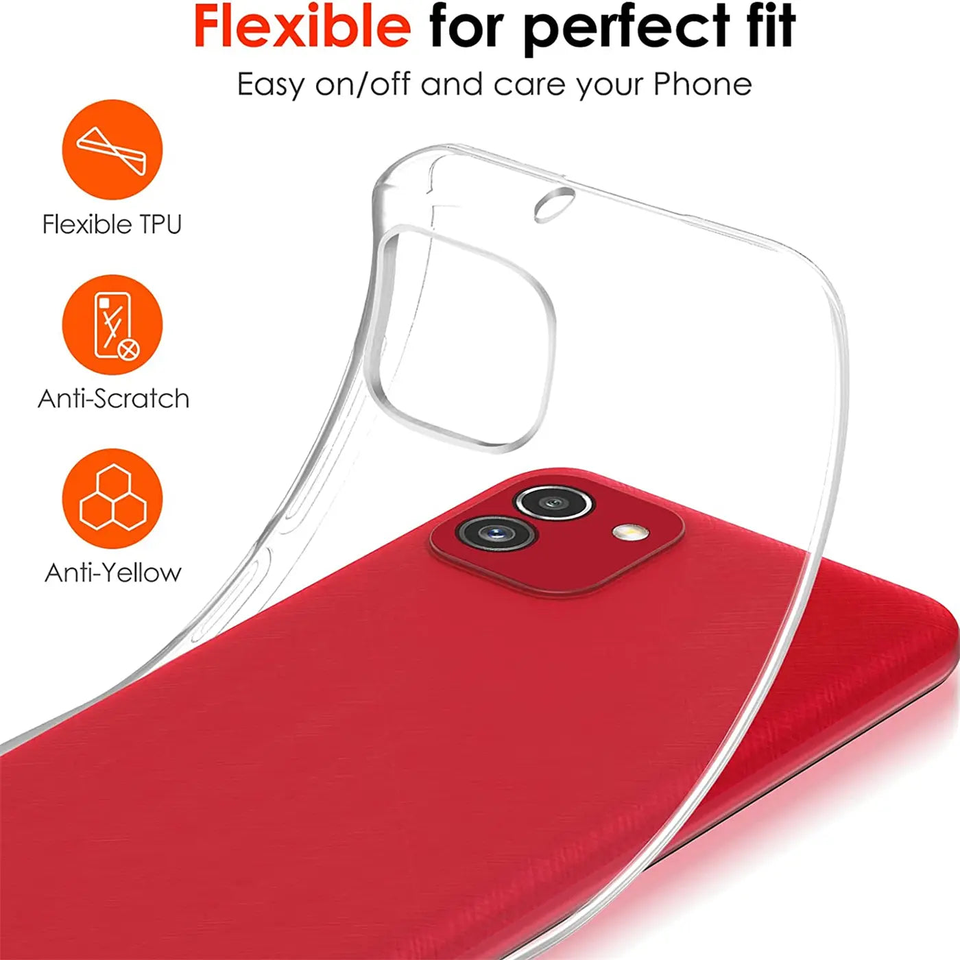 Klares TPU-Case, das über ein rotes Samsung Galaxy A03 gelegt wird, von oben schräg.