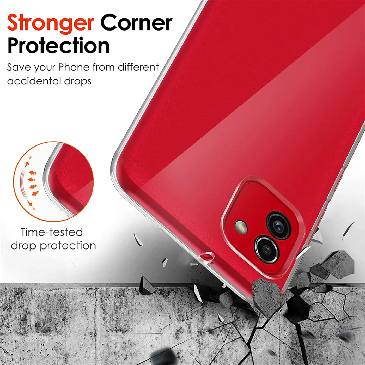 Rotes Samsung Galaxy A03 mit transparentem Schutzcase, Nahaufnahme von Ecke und Kamera, auf Beton.
