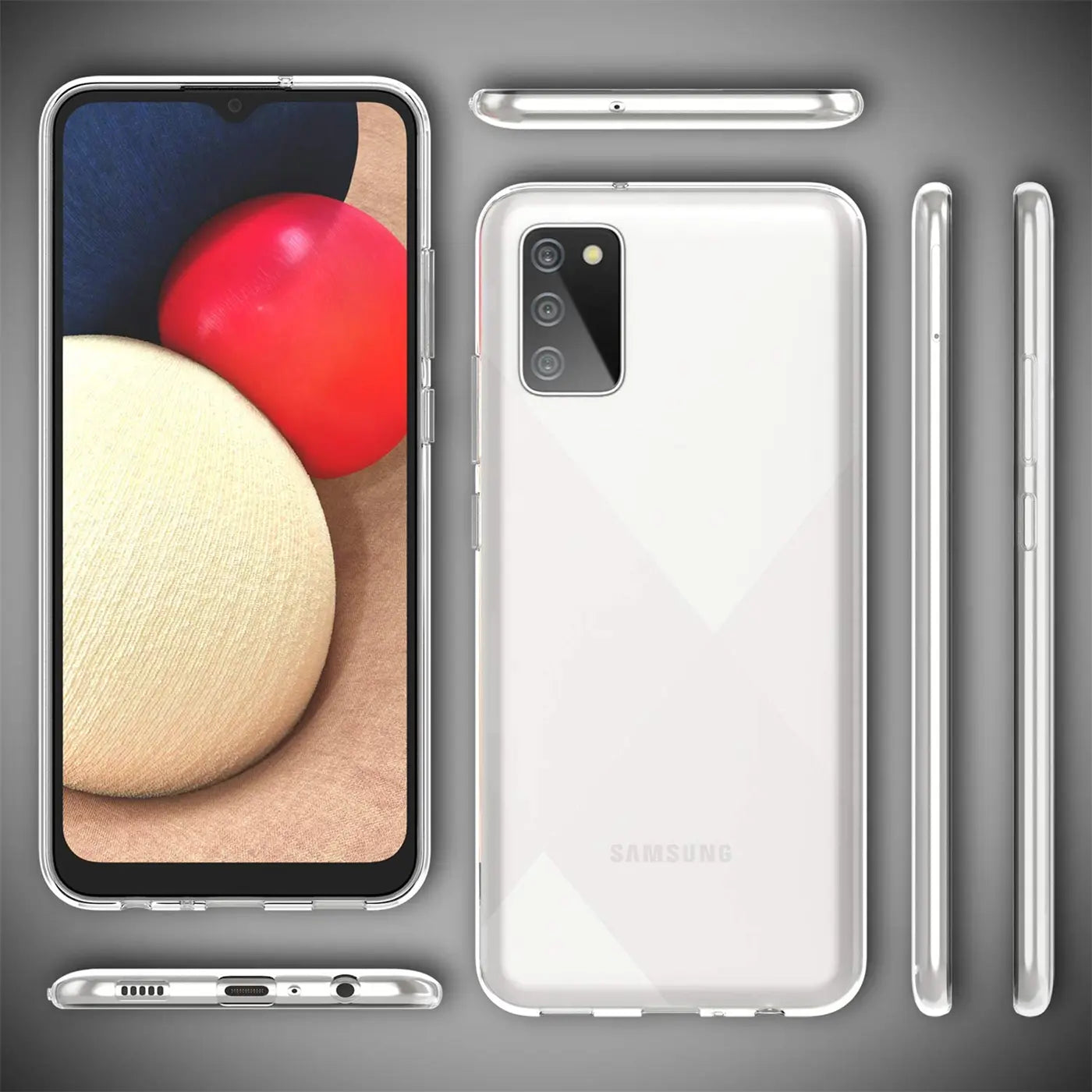 Samsung Galaxy A03s in klarem, dünnem Case, Vorder-, Rück- und Seitenansicht.