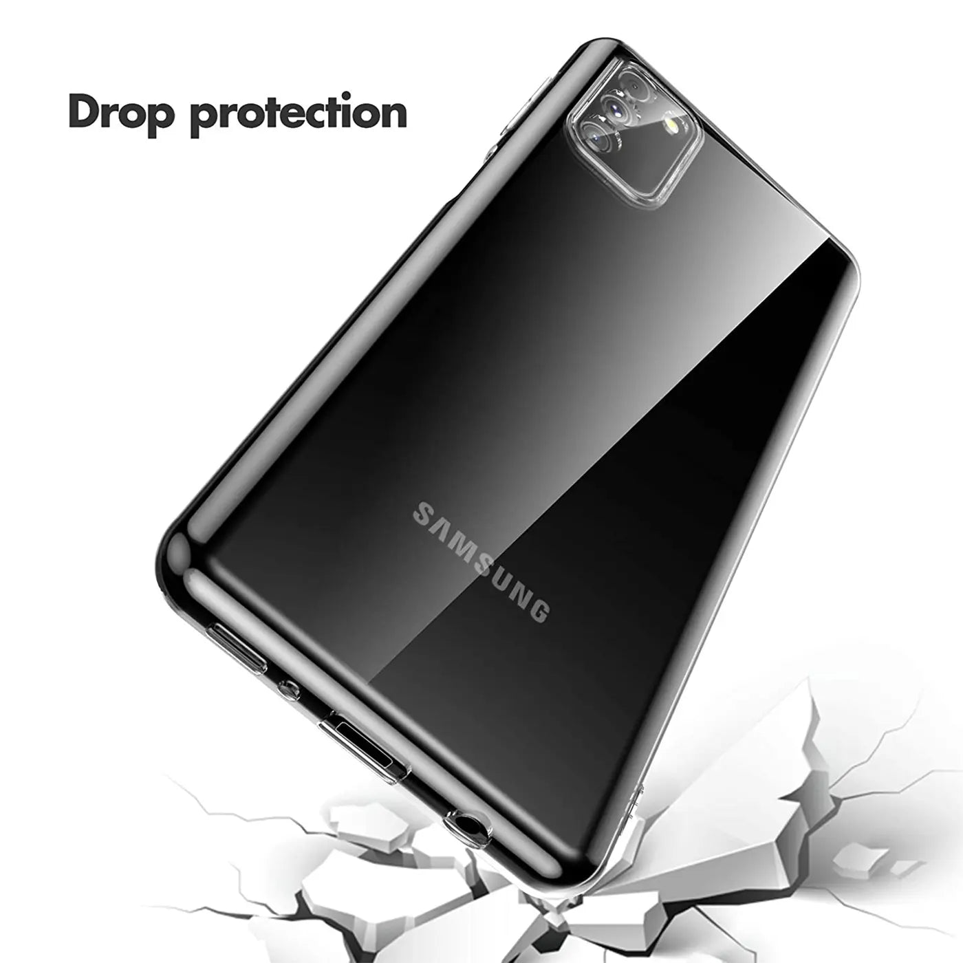 Klares Handyhülle aus Kunststoff, schräg von oben auf einem Samsung Galaxy A03s.