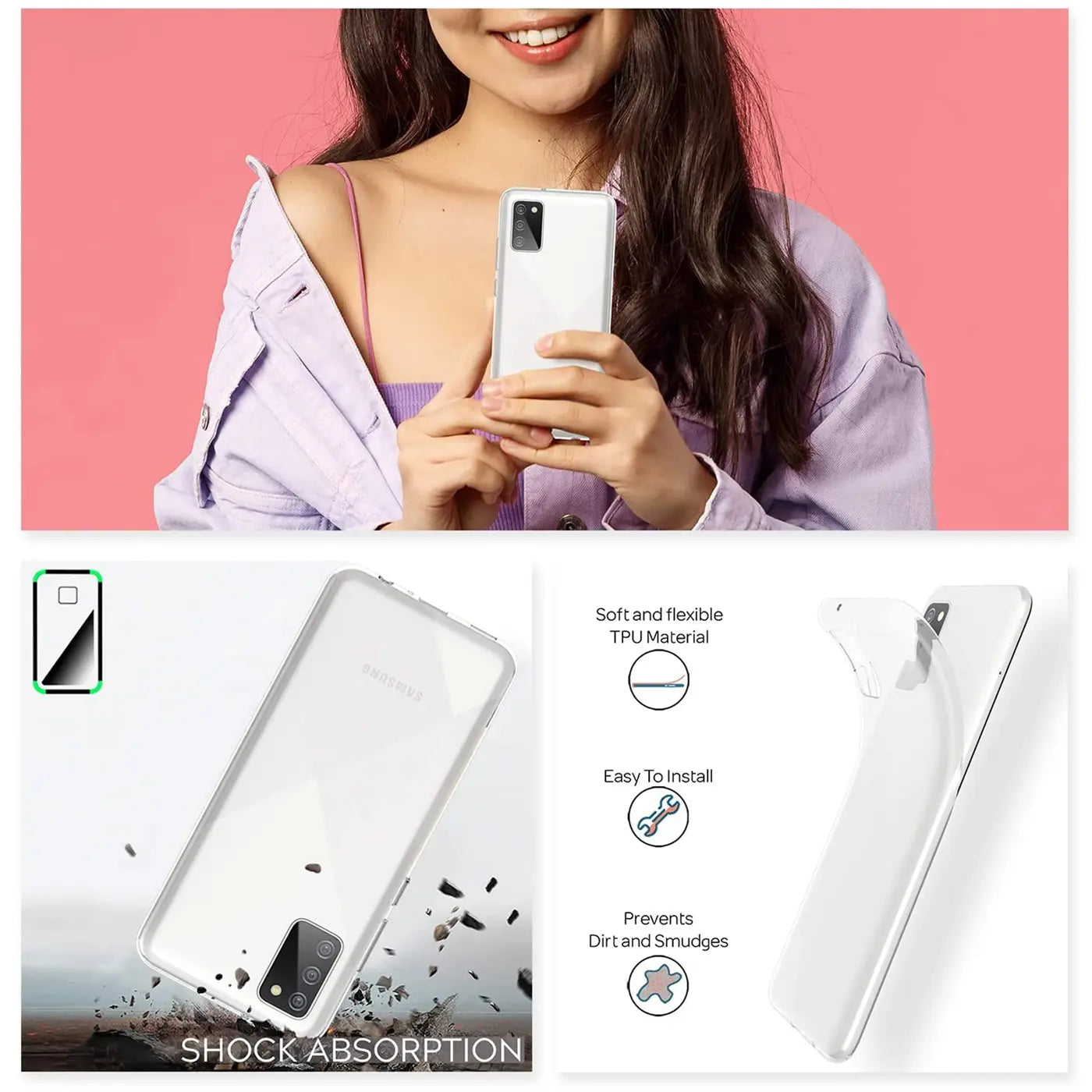 Klar, transparentes TPU-Case auf weißem Samsung Galaxy A03s, von schräg oben gezeigt.