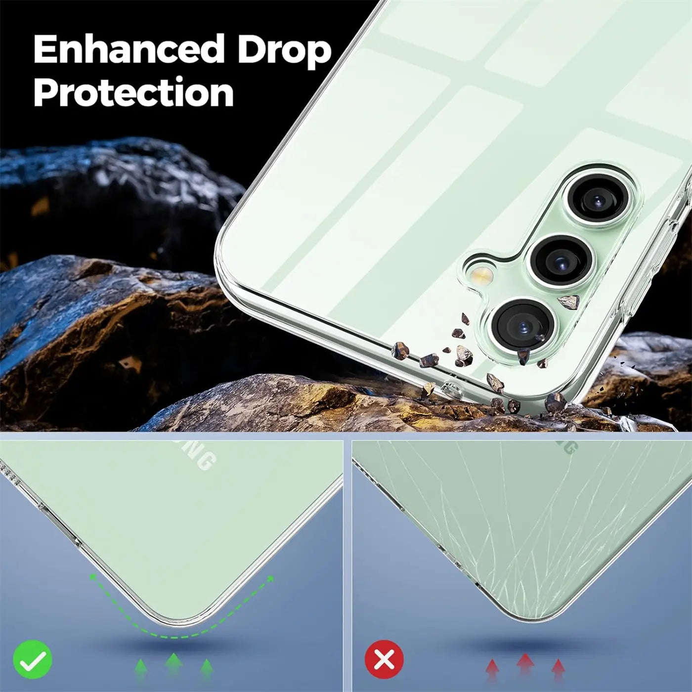 Samsung Galaxy A05s in klarem, transparentem Case, Rückansicht, Nahaufnahme.