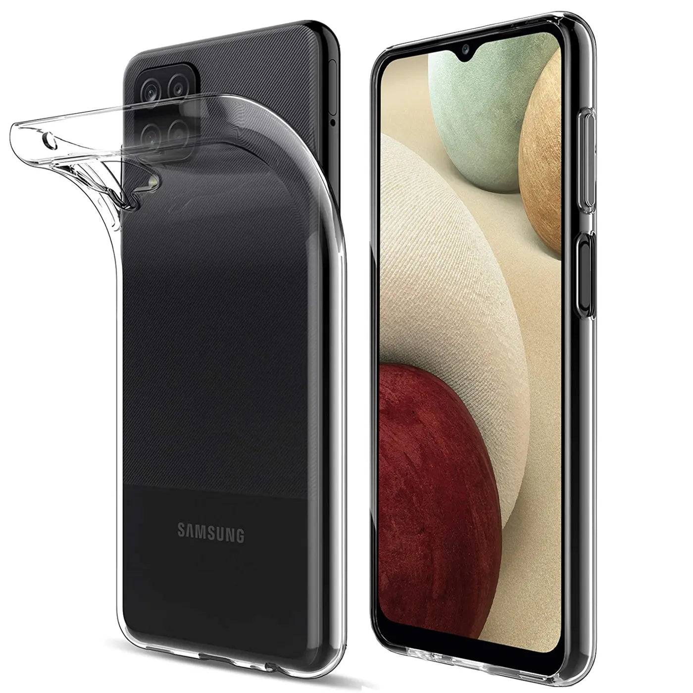 Klarhülle aus Silikon für Samsung Galaxy A12/M12, Rückseite und Vorderseite von vorne links