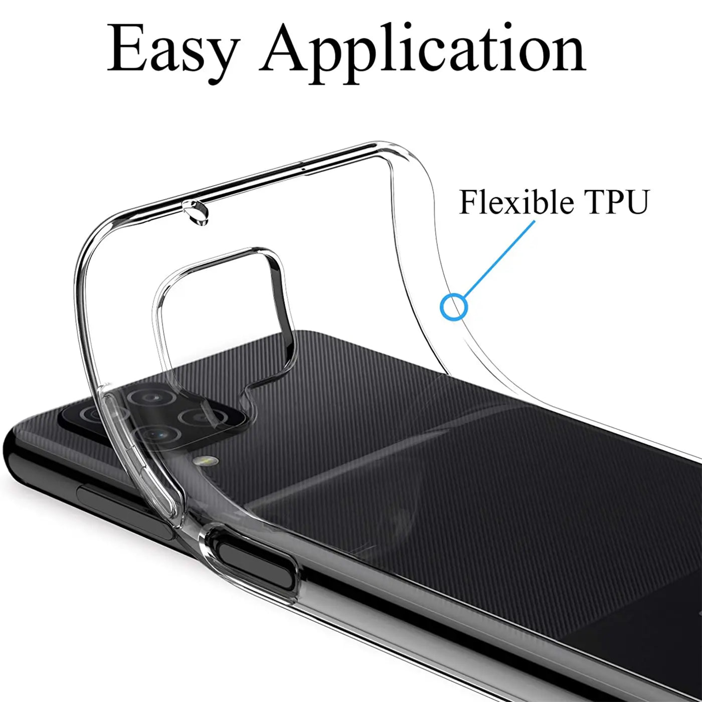 Klar transparente TPU Hülle auf einem schwarzen Samsung Galaxy A12/M12, Seitenansicht.
