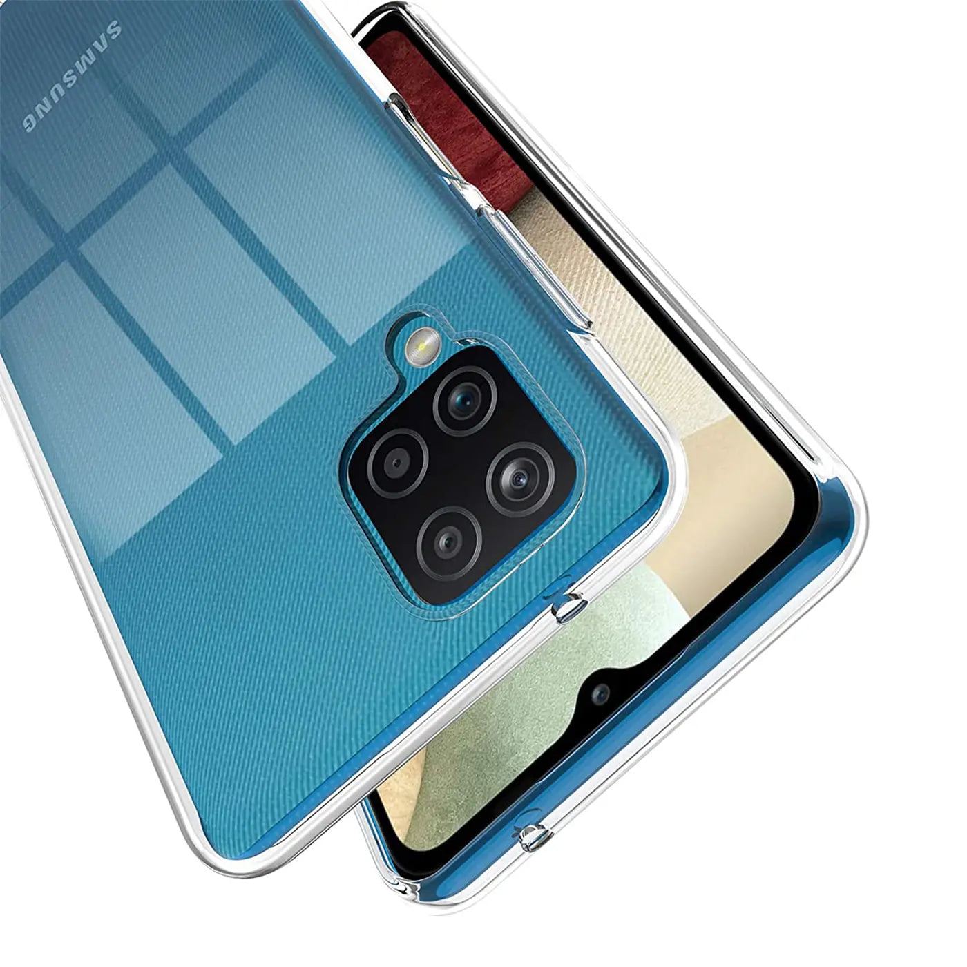 Klares Slim Case aus Kunststoff, das ein Samsung Galaxy A12/M12 zeigt, Rückseite von oben links.