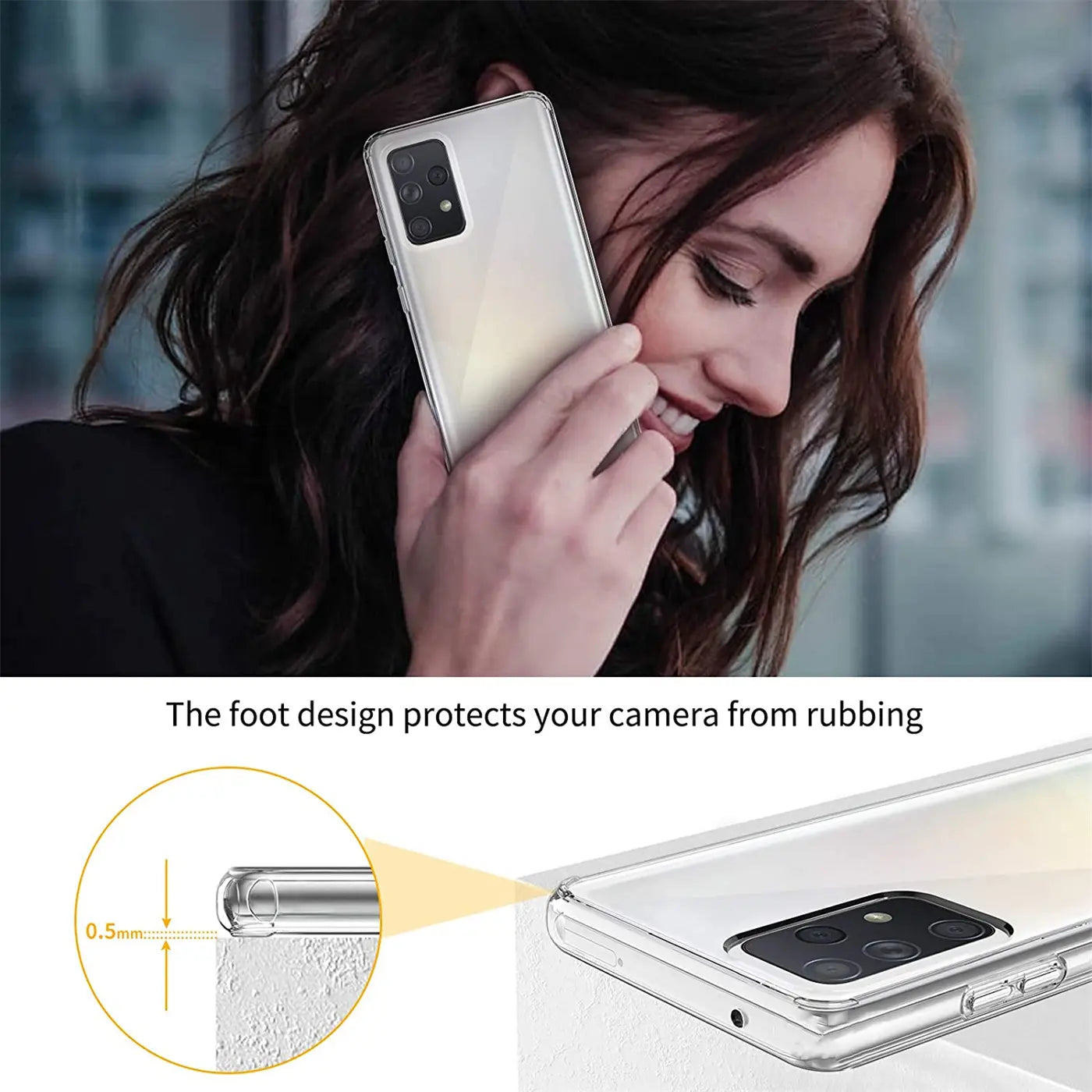 Frau hält transparentes Samsung Galaxy A13 4G in Hülle, Nahaufnahme.