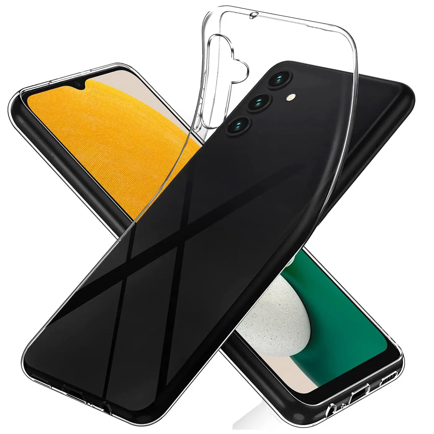 Transparente Hülle aus Kunststoff, schützt schwarzes Samsung Galaxy A13 5G/A04s.