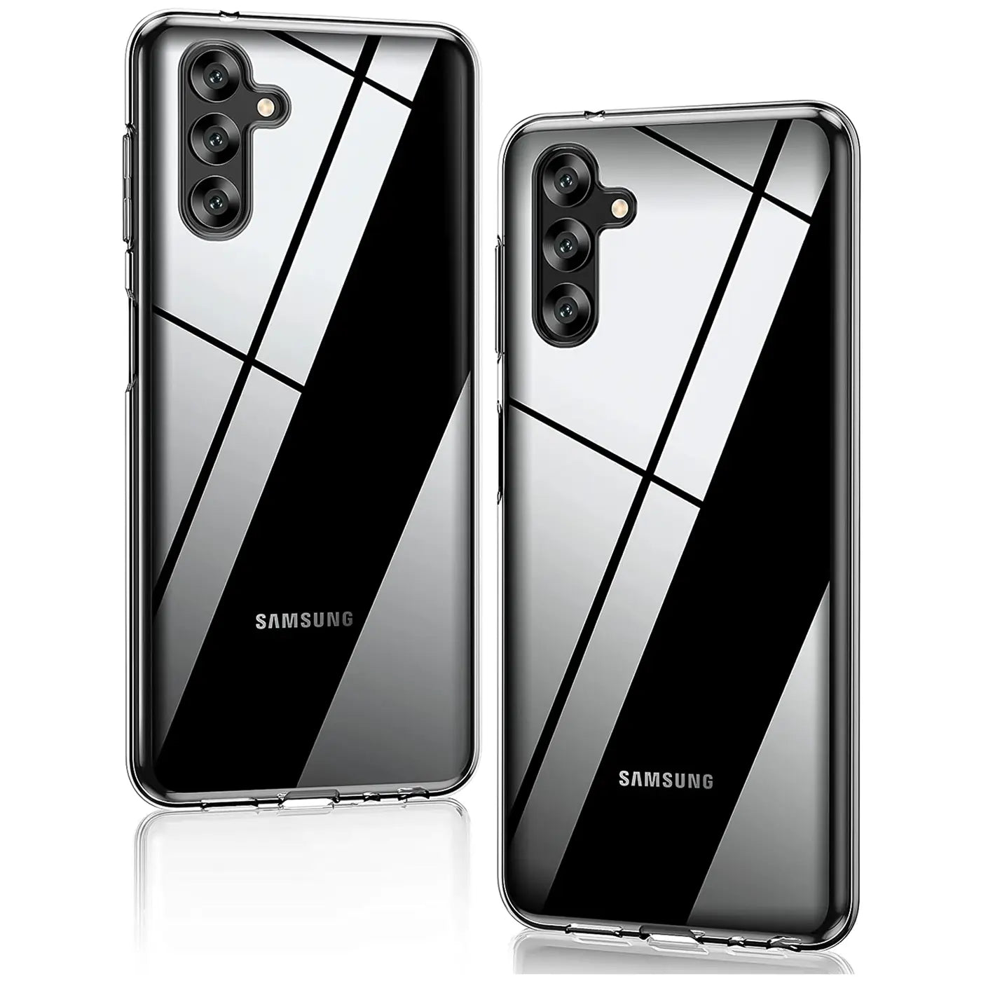 Zwei transparente Hüllen aus Kunststoff mit schwarzem Muster auf Samsung Galaxy A13 5G / A04s.
