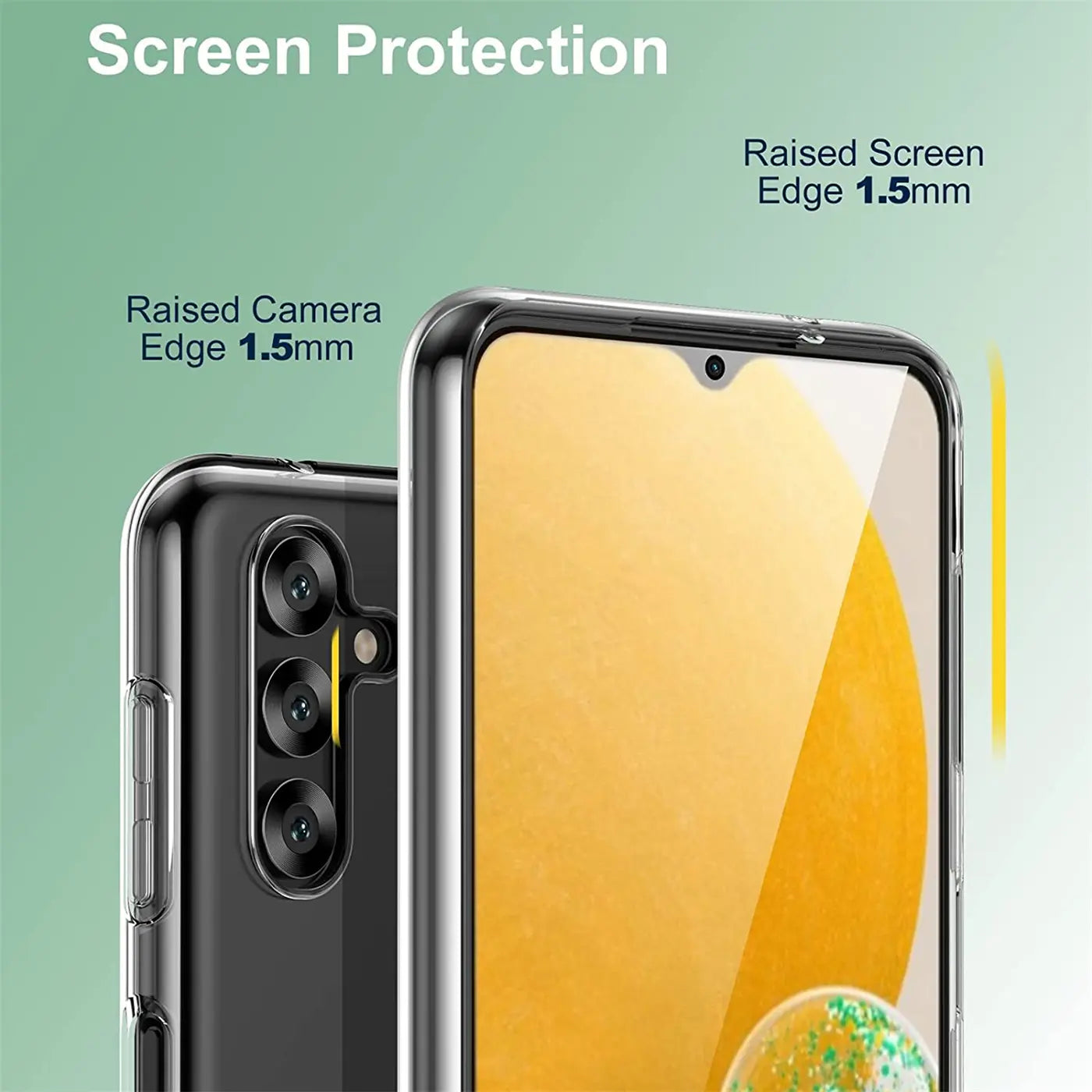 Klar, transparentes Case auf Samsung A13 5G/A04s, Vorder- und Rückansicht.