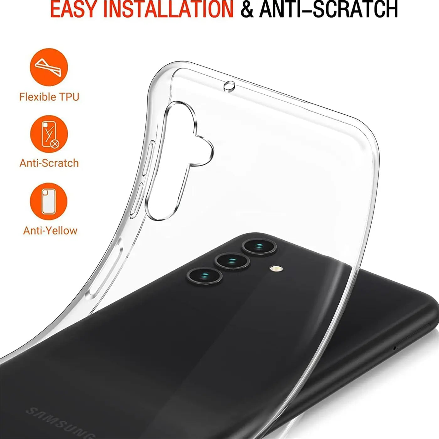 Klares TPU-Case über Samsung Galaxy A13 5G/A04s Rückseite, Nahaufnahme.