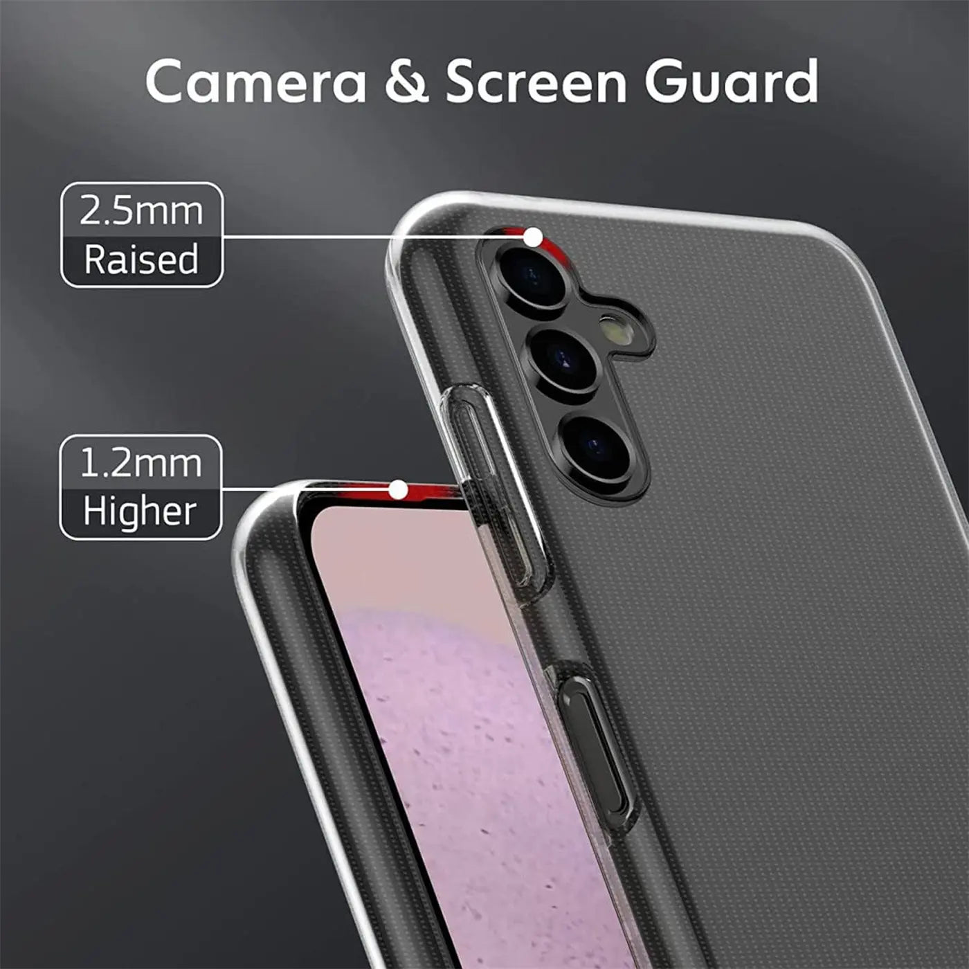 Klar transparente Hülle aus Kunststoff, Nahaufnahme, Samsung Galaxy A14 4G/5G mit Kamera- und Displayschutz.