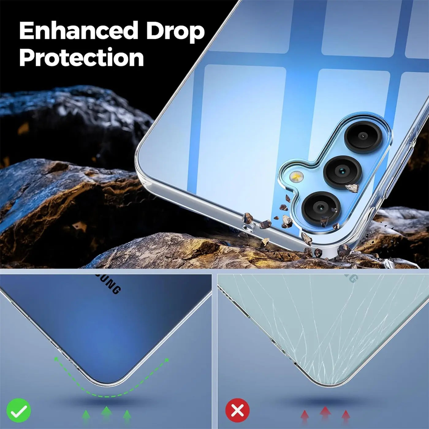 Klares Handyhülle aus Kunststoff, zeigt Samsung Galaxy A15 4G/5G, Nahaufnahme.
