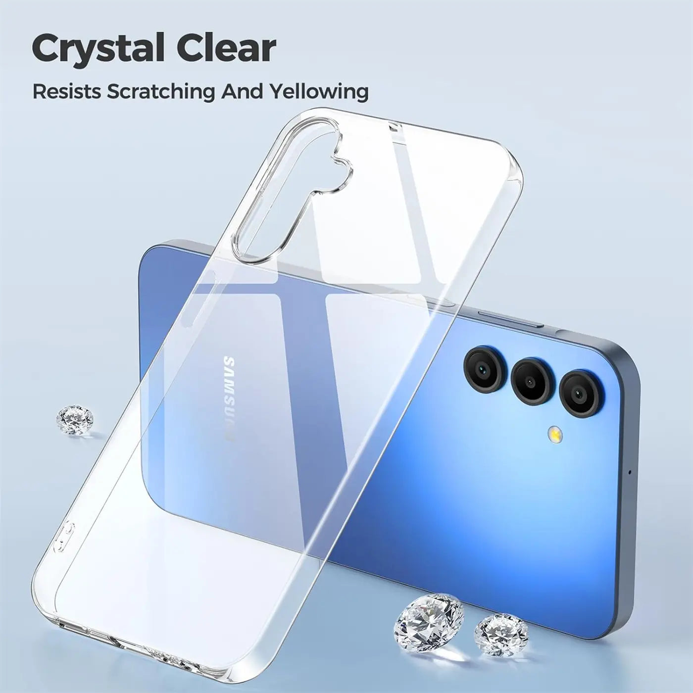 Klares Silikon-Case über blauem Samsung Galaxy A15 4G/5G, Draufsicht.