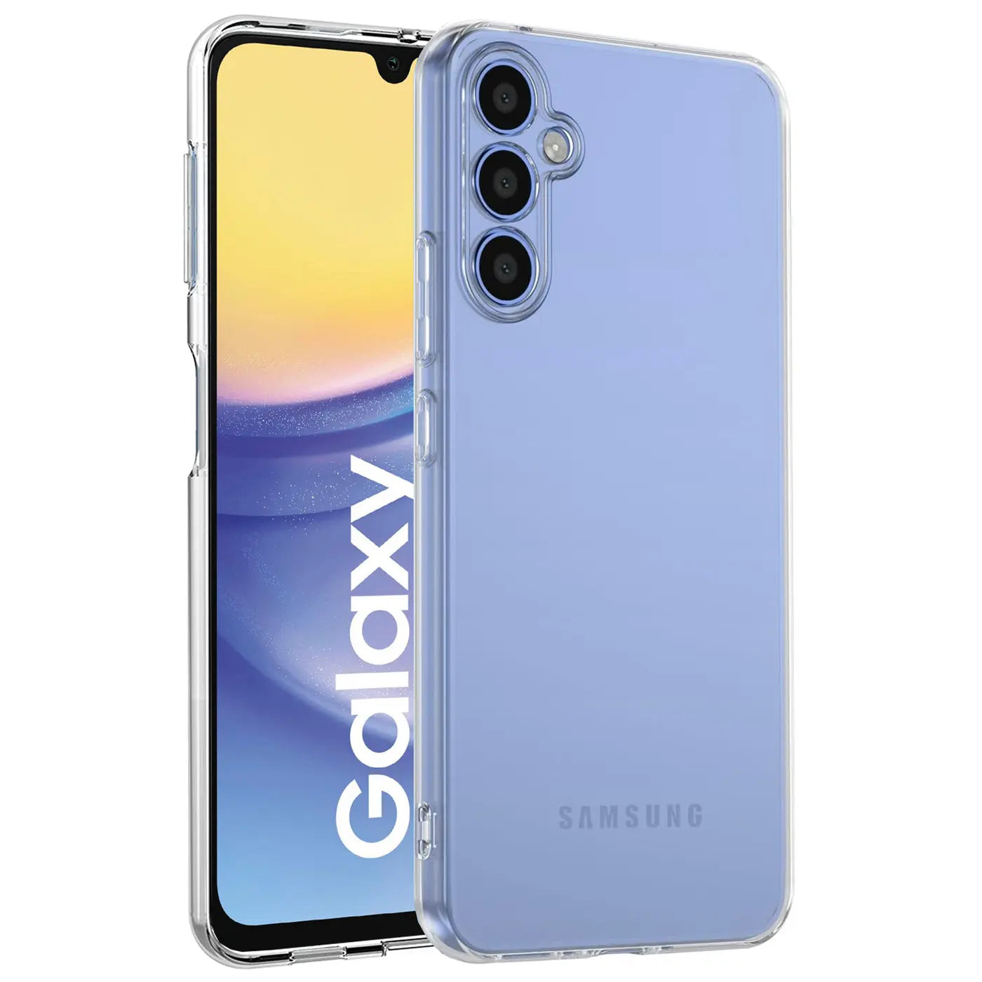 Samsung Galaxy A16 5G in transparentem Case, Rückansicht, leicht schräg