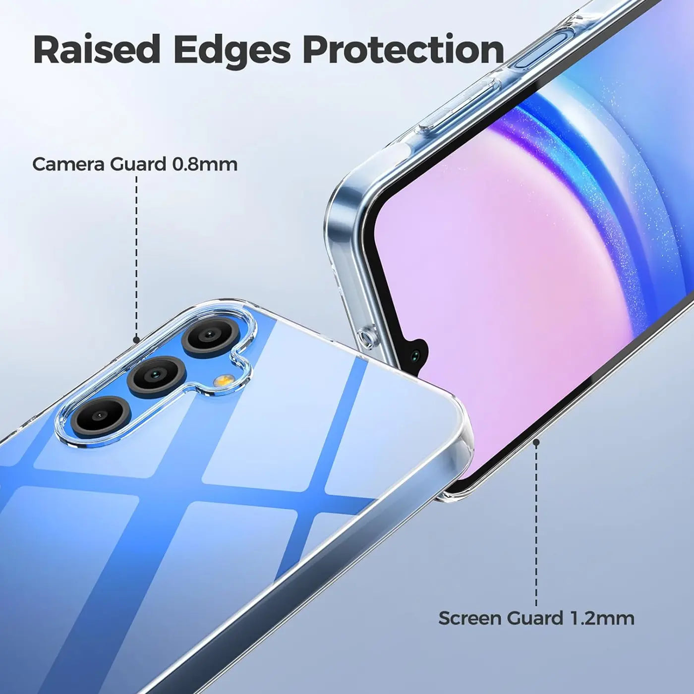 Transparente Hülle aus Kunststoff mit erhöhten Kanten, zeigt Samsung Galaxy A16 5G Rückseite und Display.