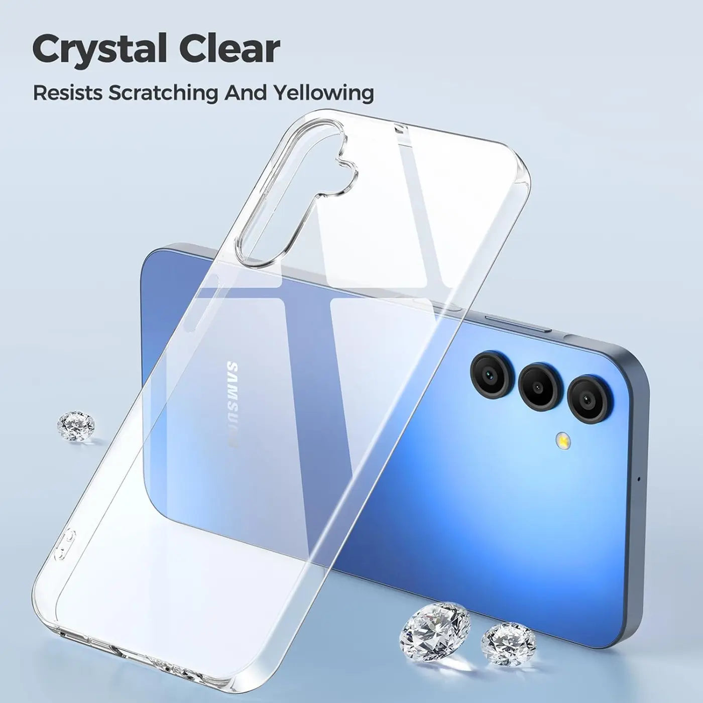 Klares Handyhülle aus Kunststoff, liegt auf blauem Samsung Galaxy A16 5G.