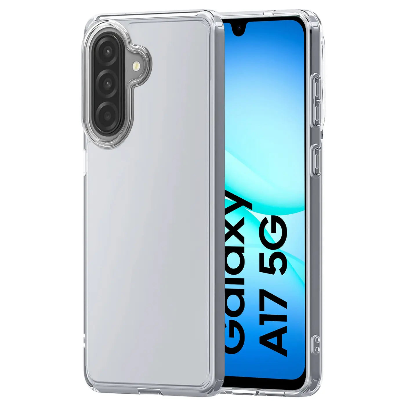 Klares, transparentes Handyhülle aus Kunststoff, schräg von vorne, zeigt Samsung Galaxy A17 5G.