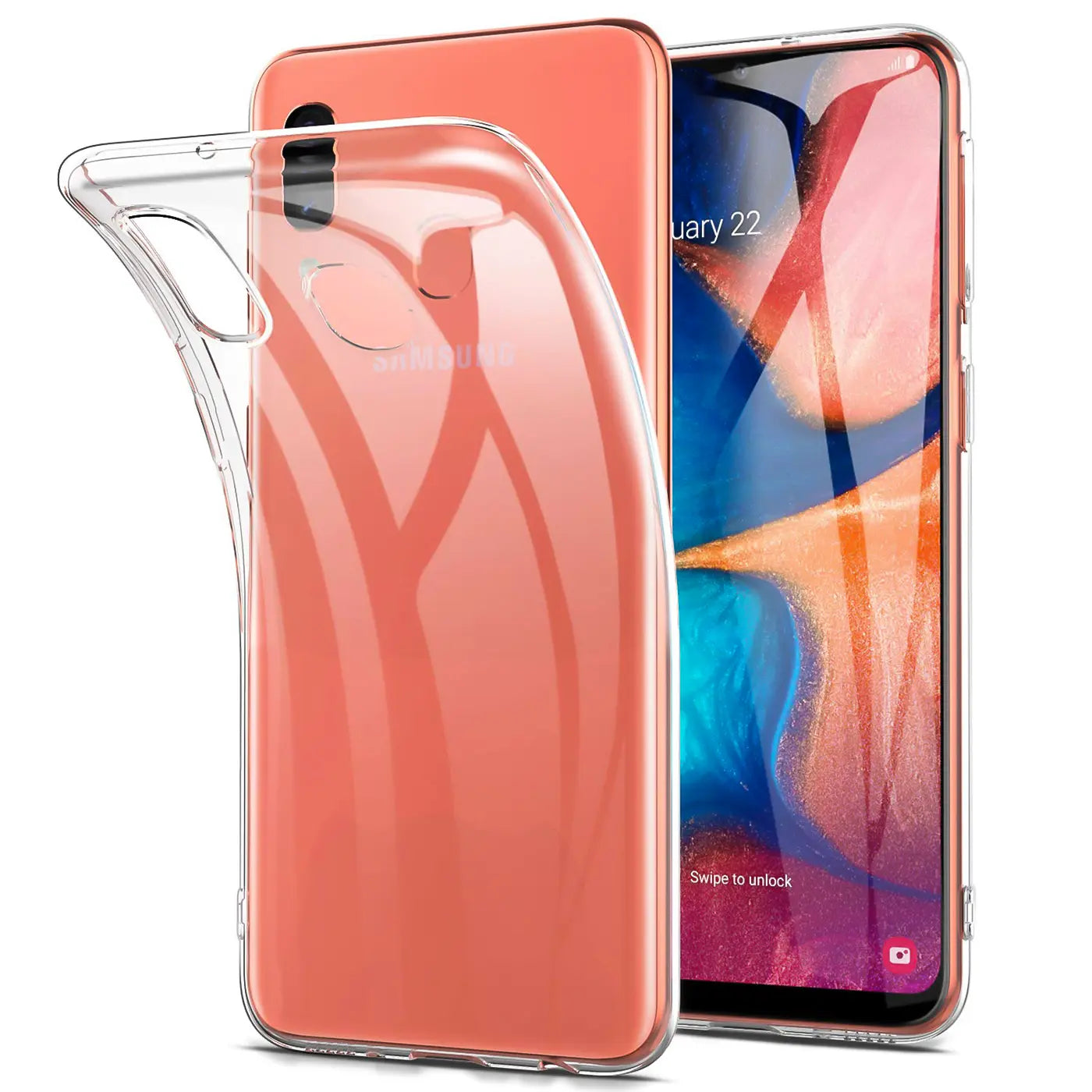 Klarplastik Hülle, schräg von vorne, zeigt Samsung Galaxy A20e.