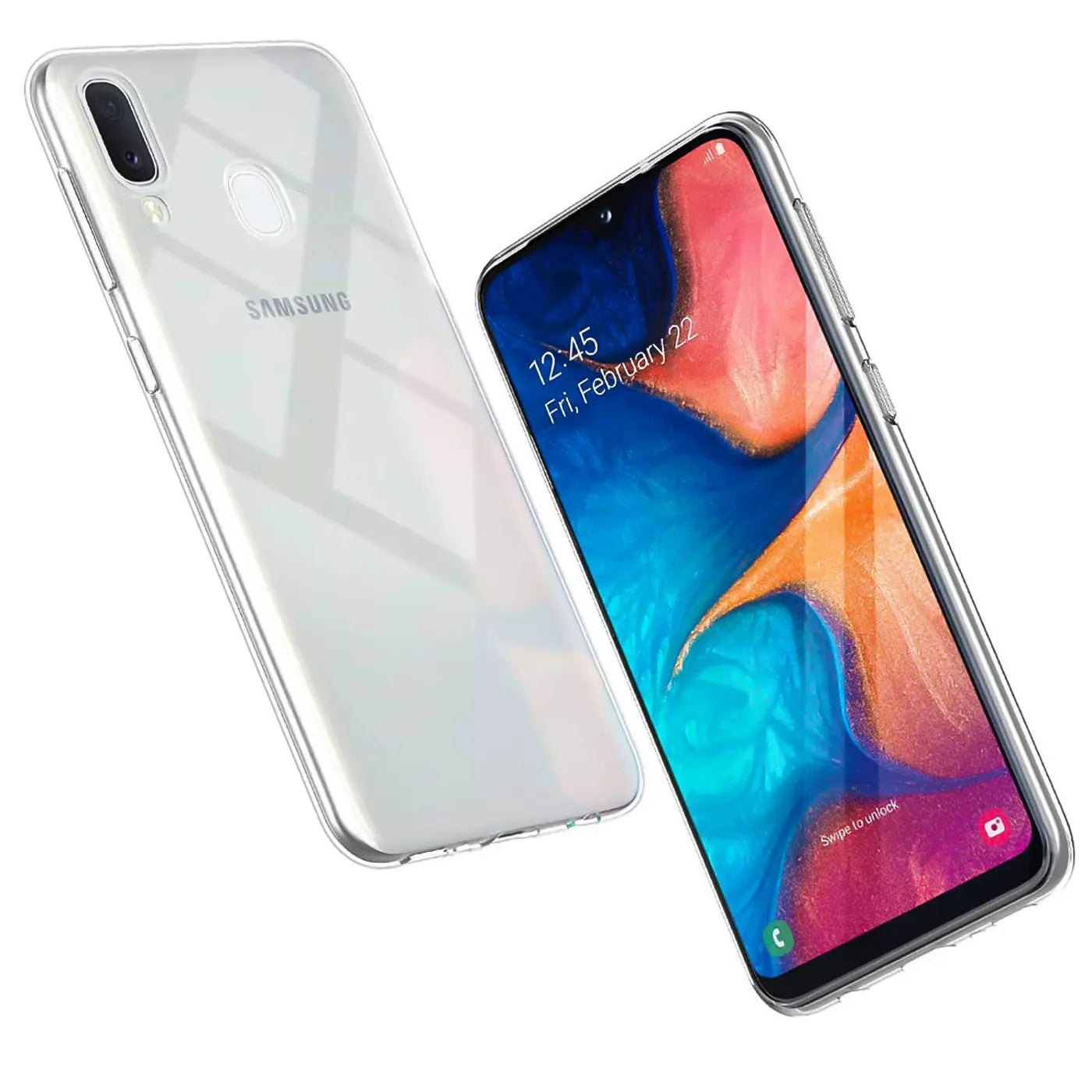 Klares Slim Case aus Kunststoff für Samsung Galaxy A20e, von vorne und hinten gezeigt.