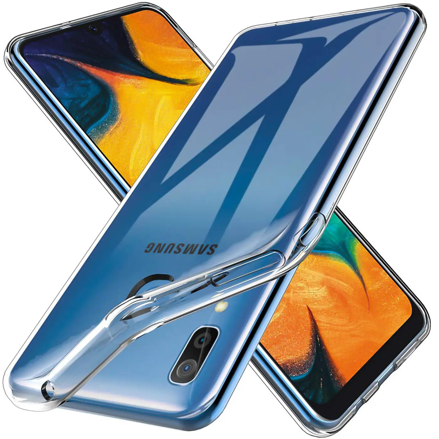 Klar, transparentes Case auf Samsung Galaxy A20e, Rückseite mit Kamera, von oben schräg