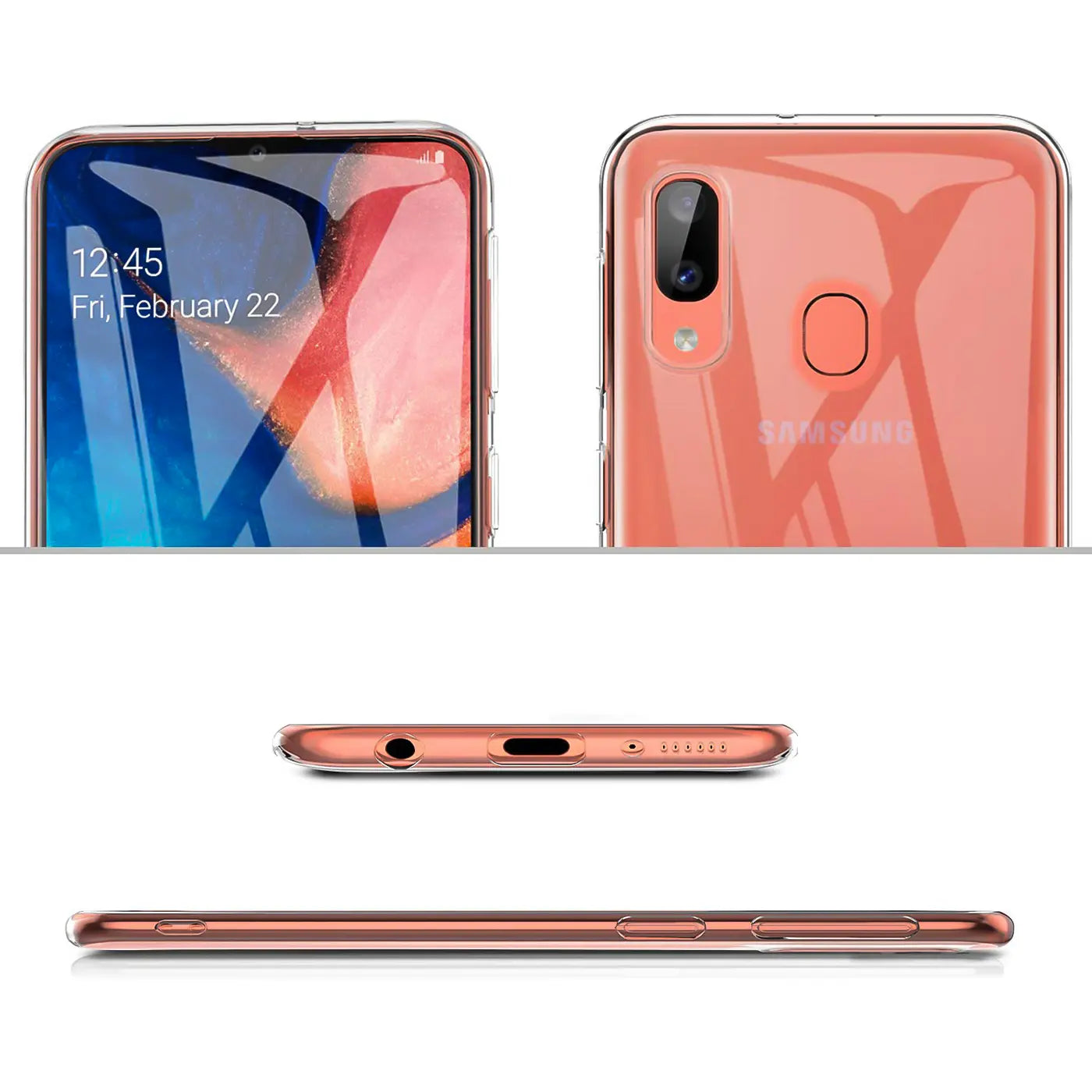 Klar, hier ist der ALT-Text:

Samsung Galaxy A20e in Roségold, klare Hülle, Front-, Rück- und Seitenansicht.