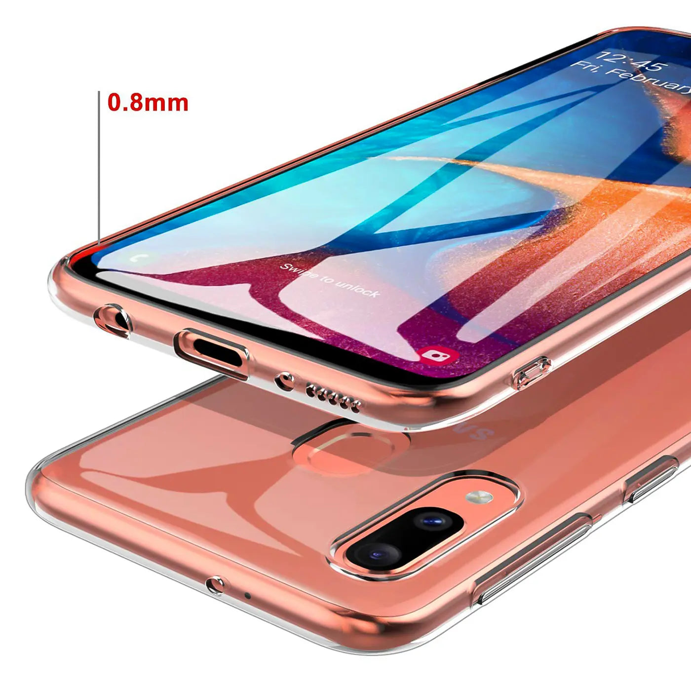 Klarer, roségoldener Handyhülle aus TPU, Nahaufnahme, Samsung Galaxy A20e.