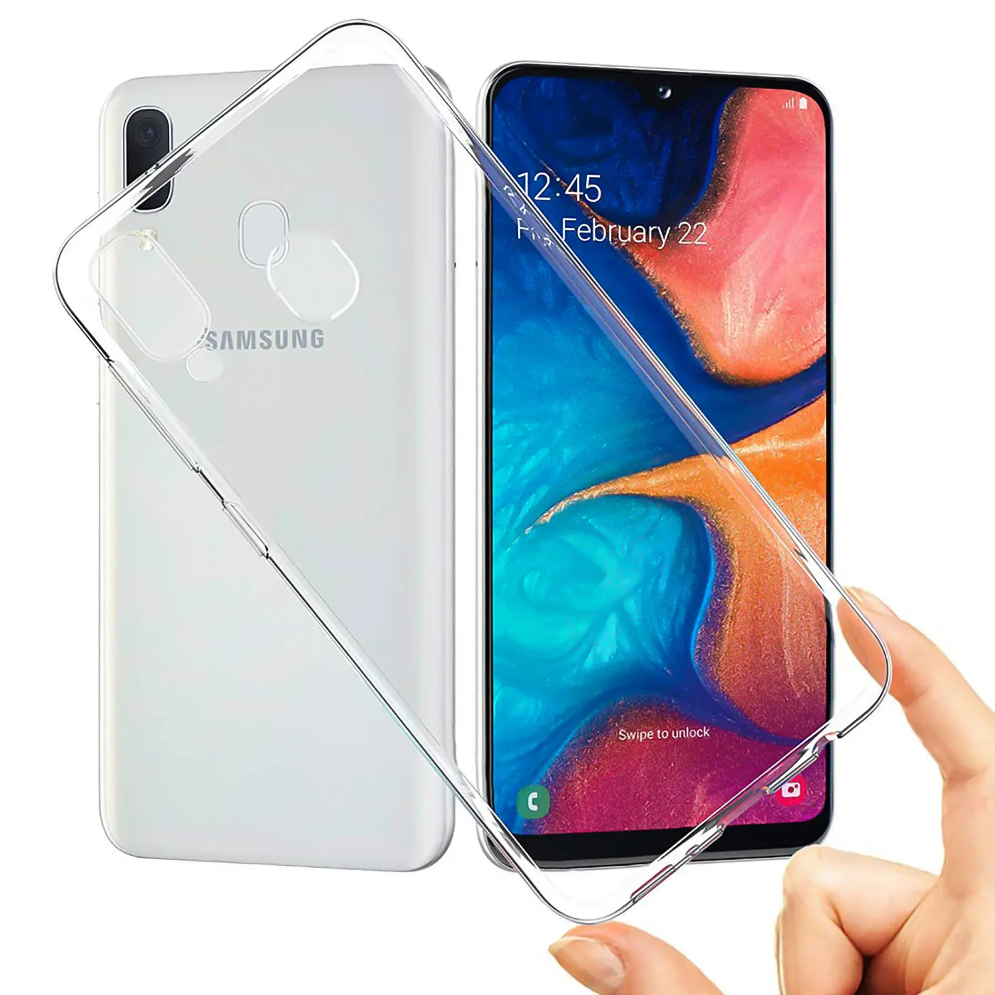 Klar, durchsichtiges Slim Case aus Kunststoff, Vorder- und Rückansicht, Samsung Galaxy A20e